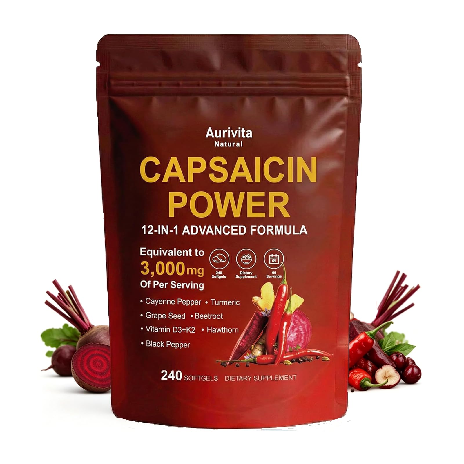 Aurivita Natural Capsaicin Softgels 240 count front view
