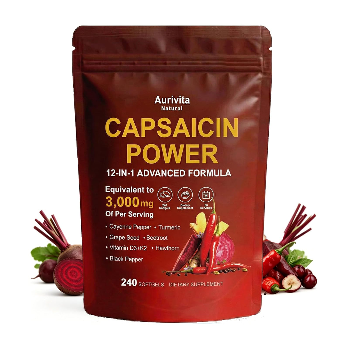 Aurivita Natural Capsaicin Softgels 240 count front view