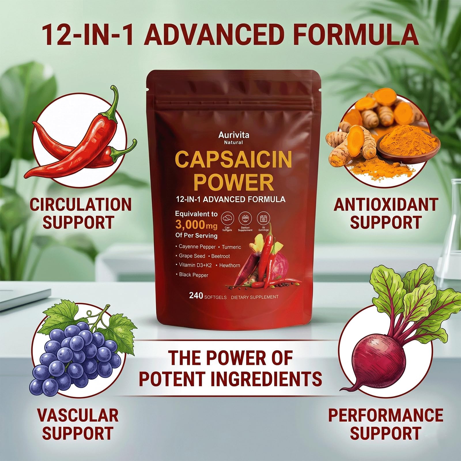 Aurivita Natural Capsaicin Softgels with a measuring spoon