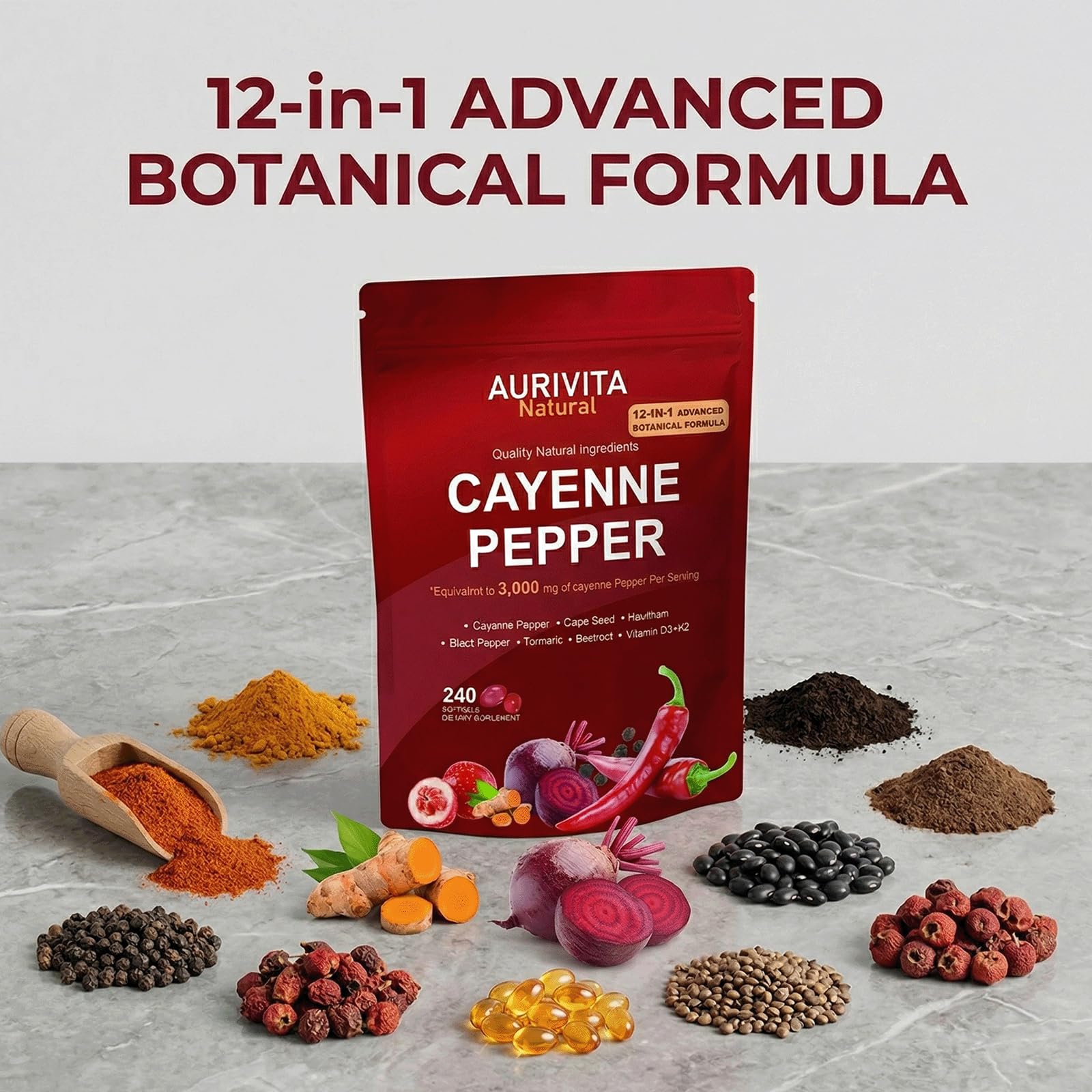 Aurivita Natural Capsaicin Softgels with ingredients displayed