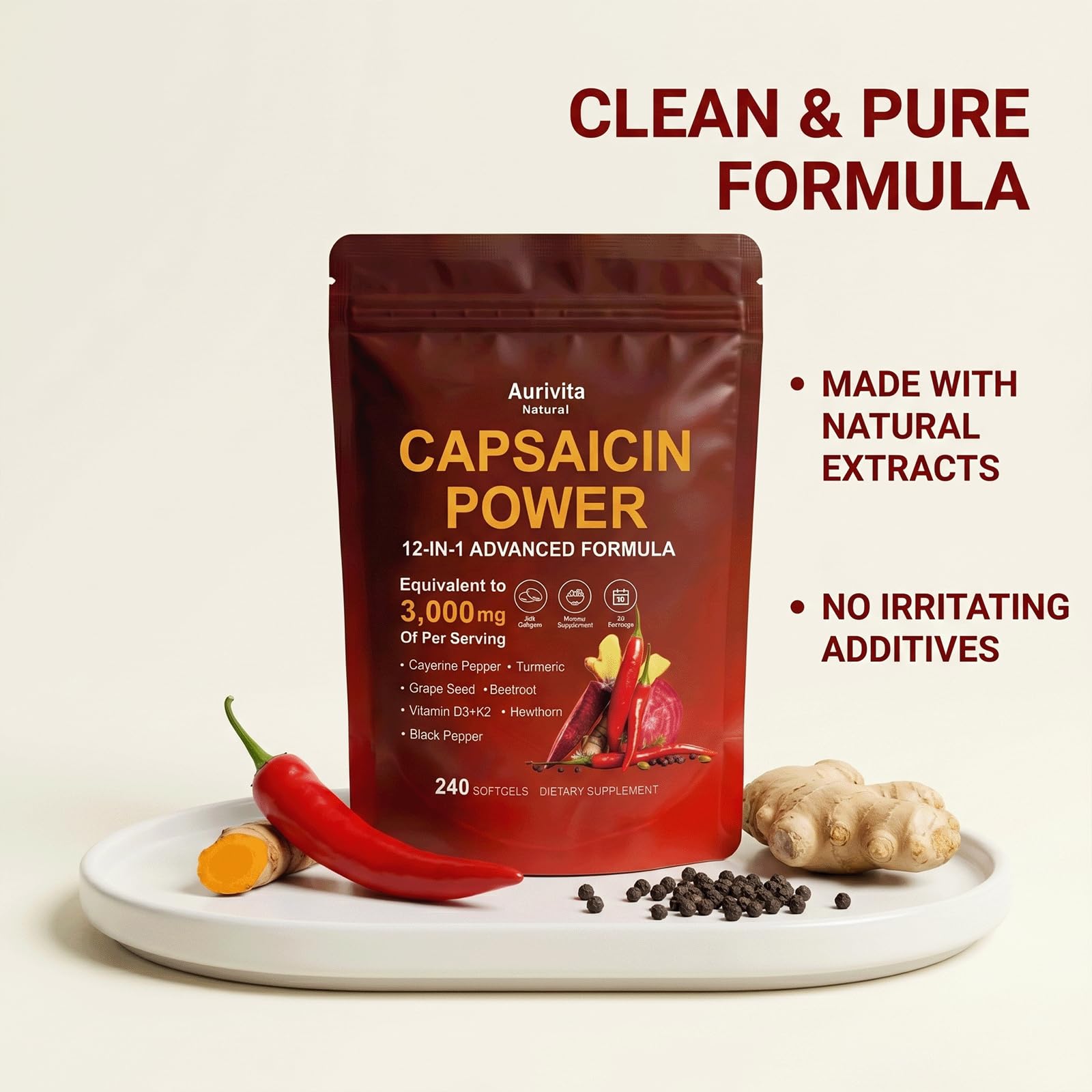 Aurivita Natural Capsaicin Softgels with ingredients list