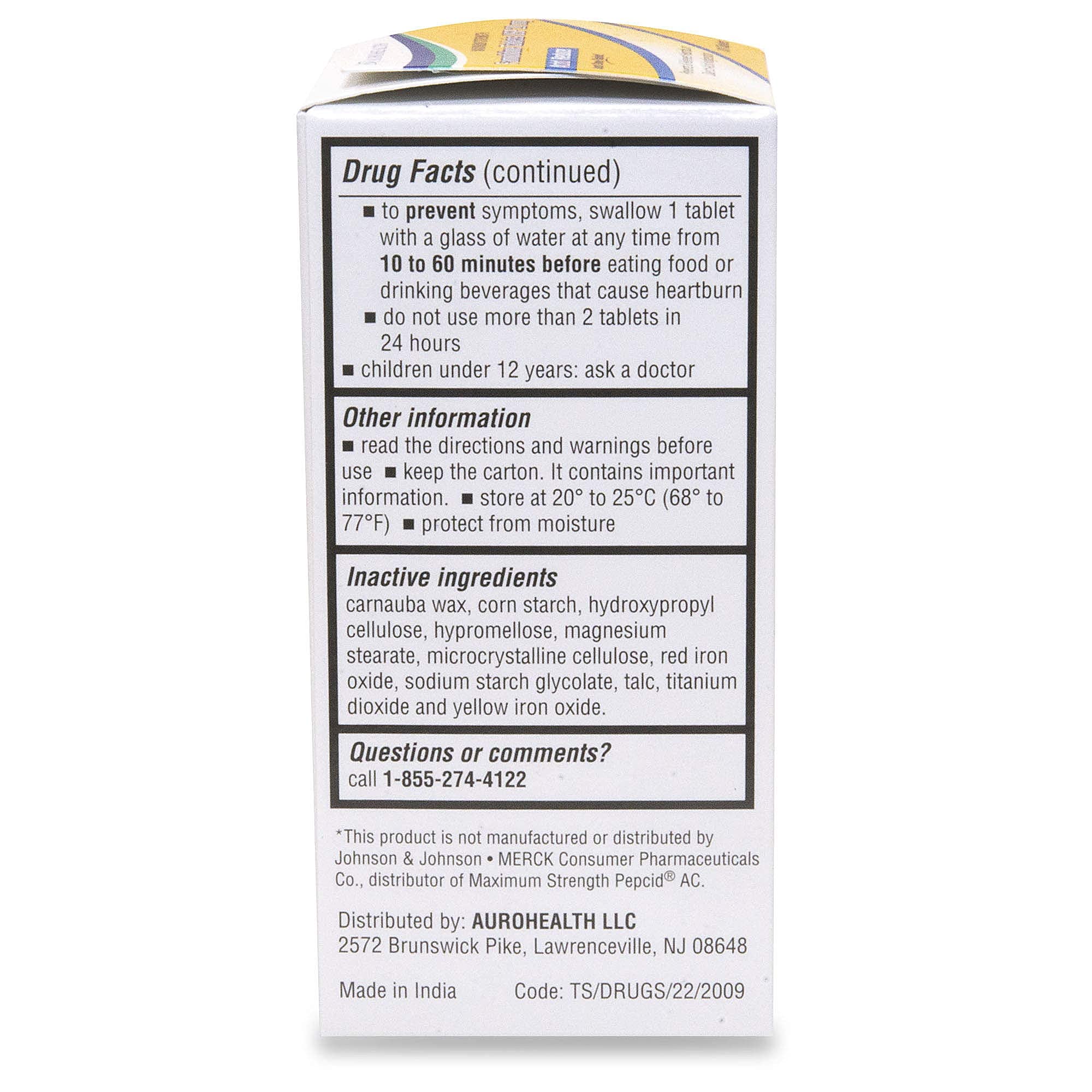 Aurohealth Famotidine bottle with nutrition facts on display