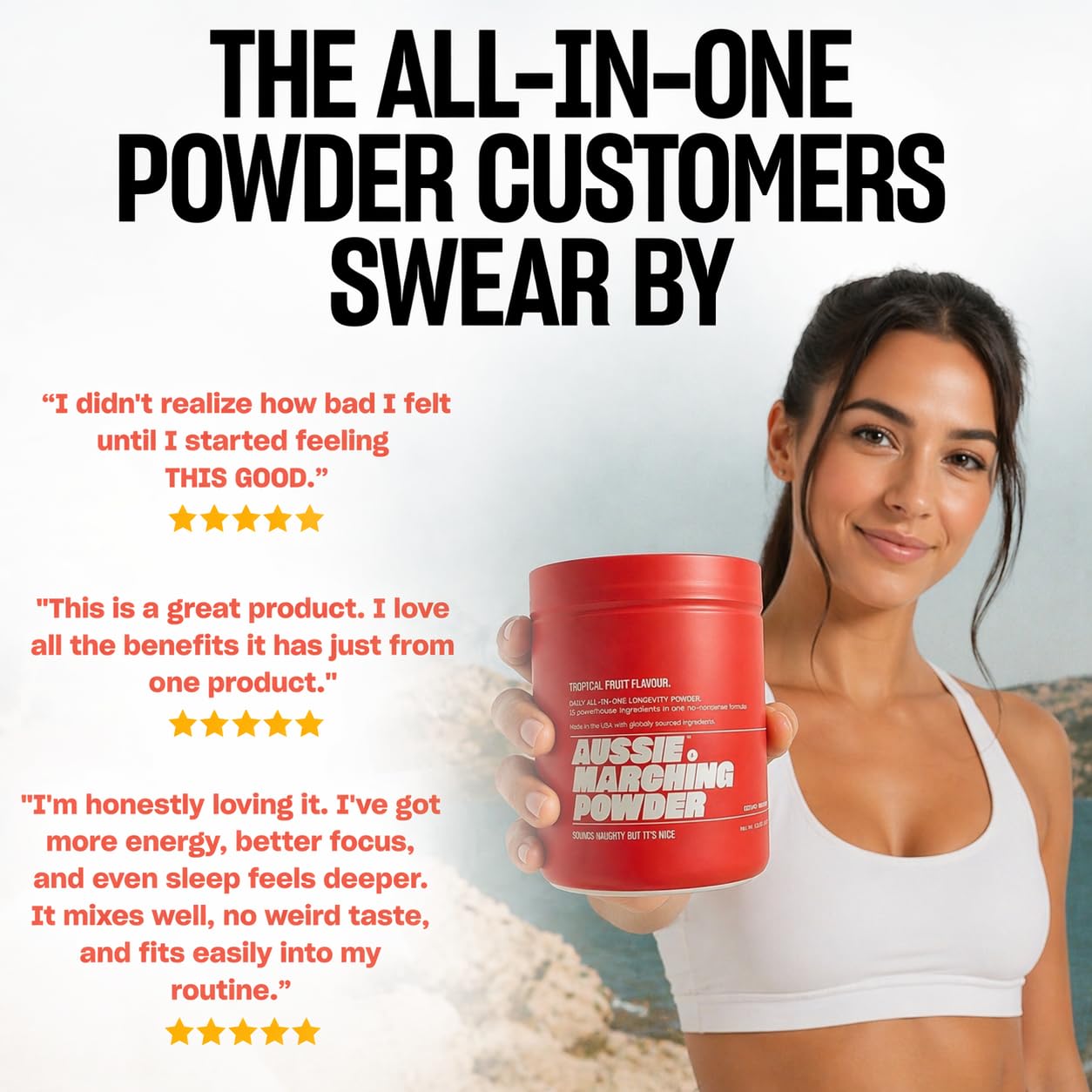 Aussie Marching Powder Complete Anti Aging Supplement serving suggestion in a glass