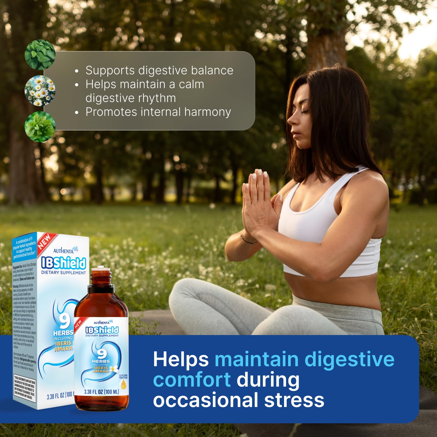 AUTHENTA IBShield Glycerin Chamomile daily Support 222g on a wooden table