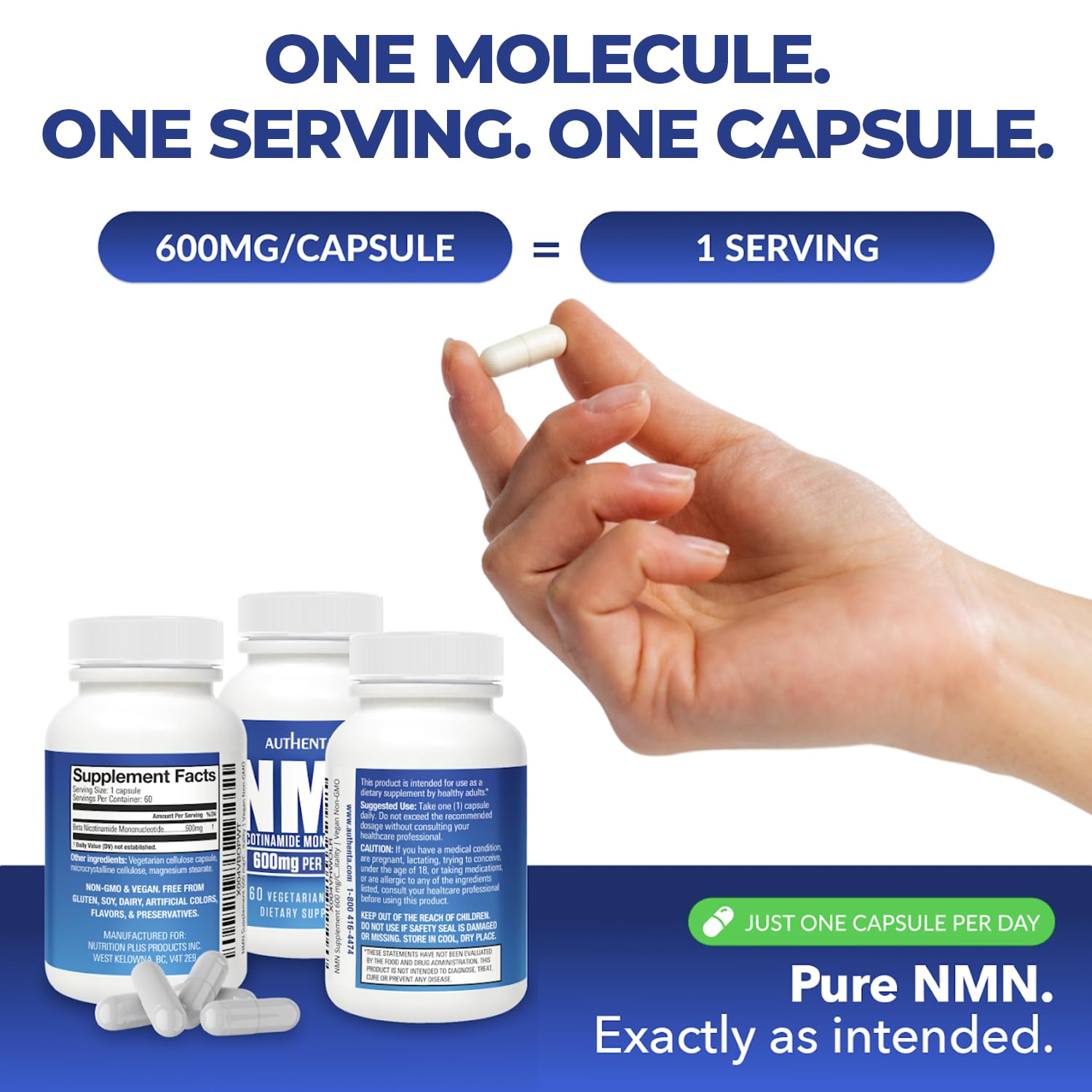 AUTHENTA NMN Supplement 600mg vegan capsule side view