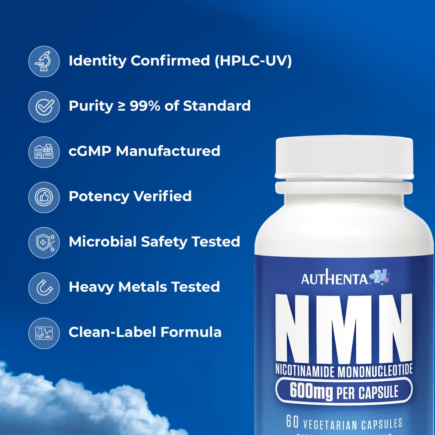 AUTHENTA NMN Supplement capsules in a clear bottle