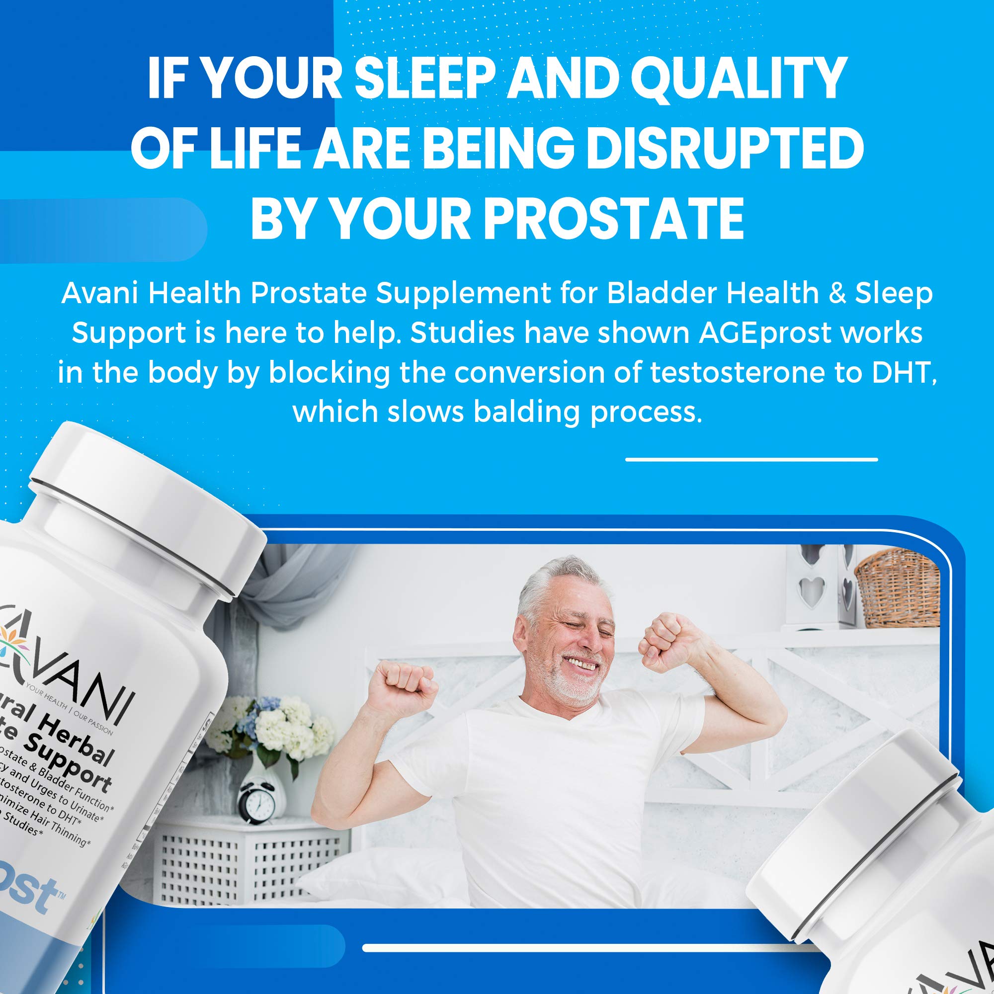 Avani Health Prostate Support Supplement displayed with a glass of water