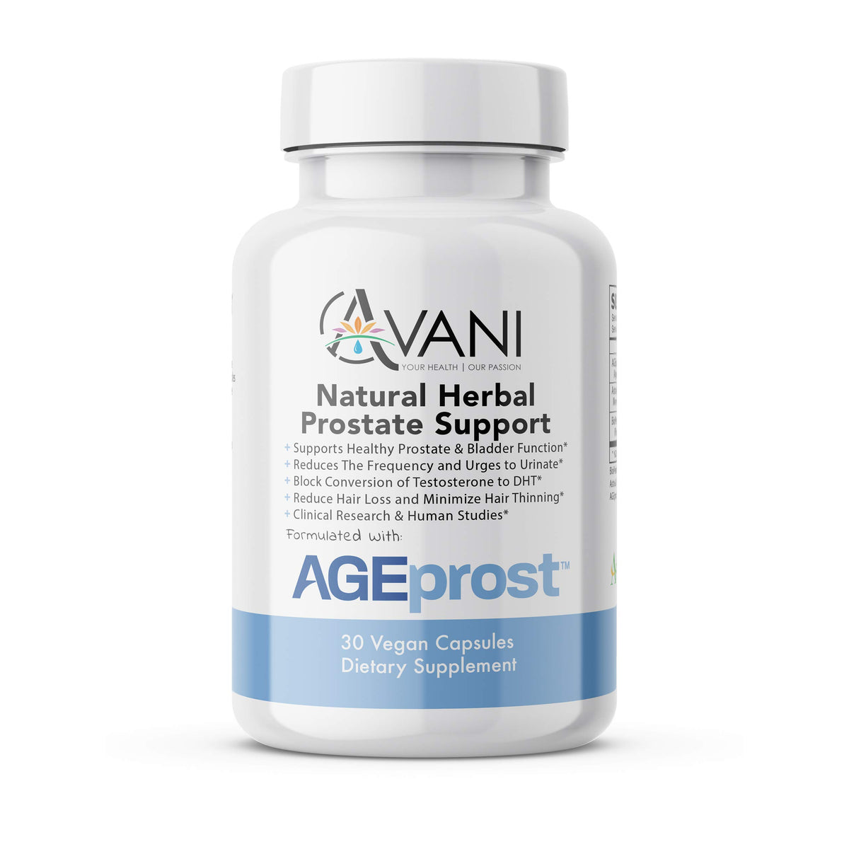 Avani Health Prostate Support Supplement front view with packaging