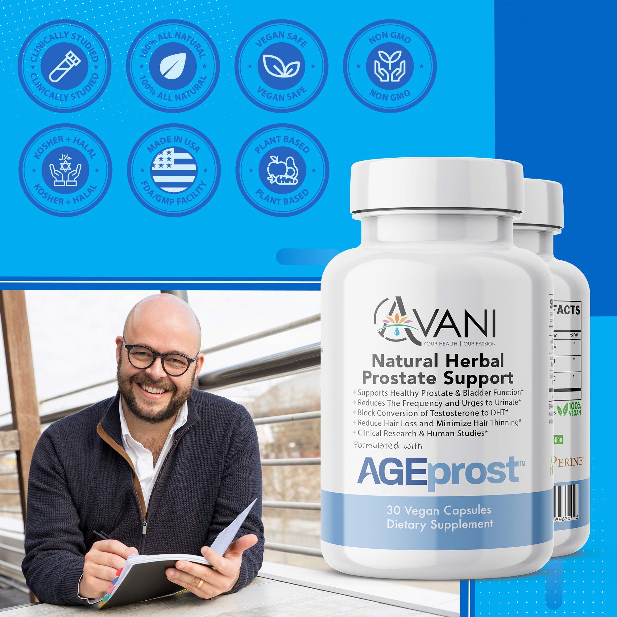 Avani Health Prostate Support Supplement ingredients list on packaging