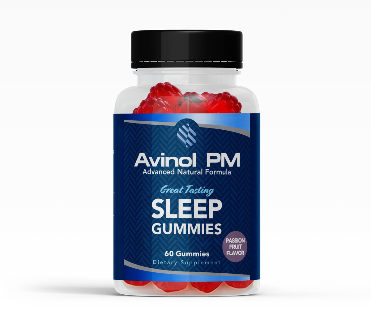 Avinol PM Sleep Gummies front view packaging with passion fruit flavour