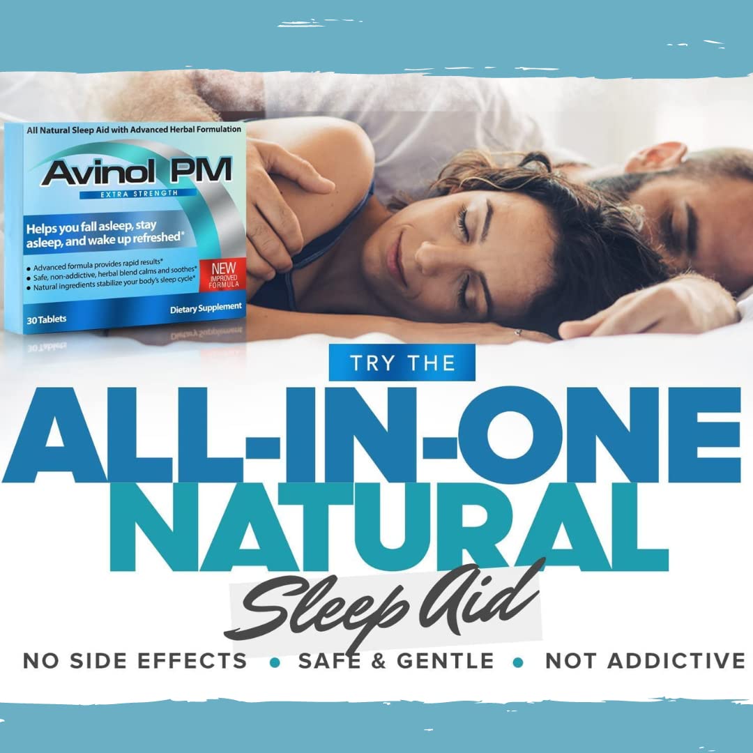 Avinol PM Sleep Supplement bottle with a glass of water