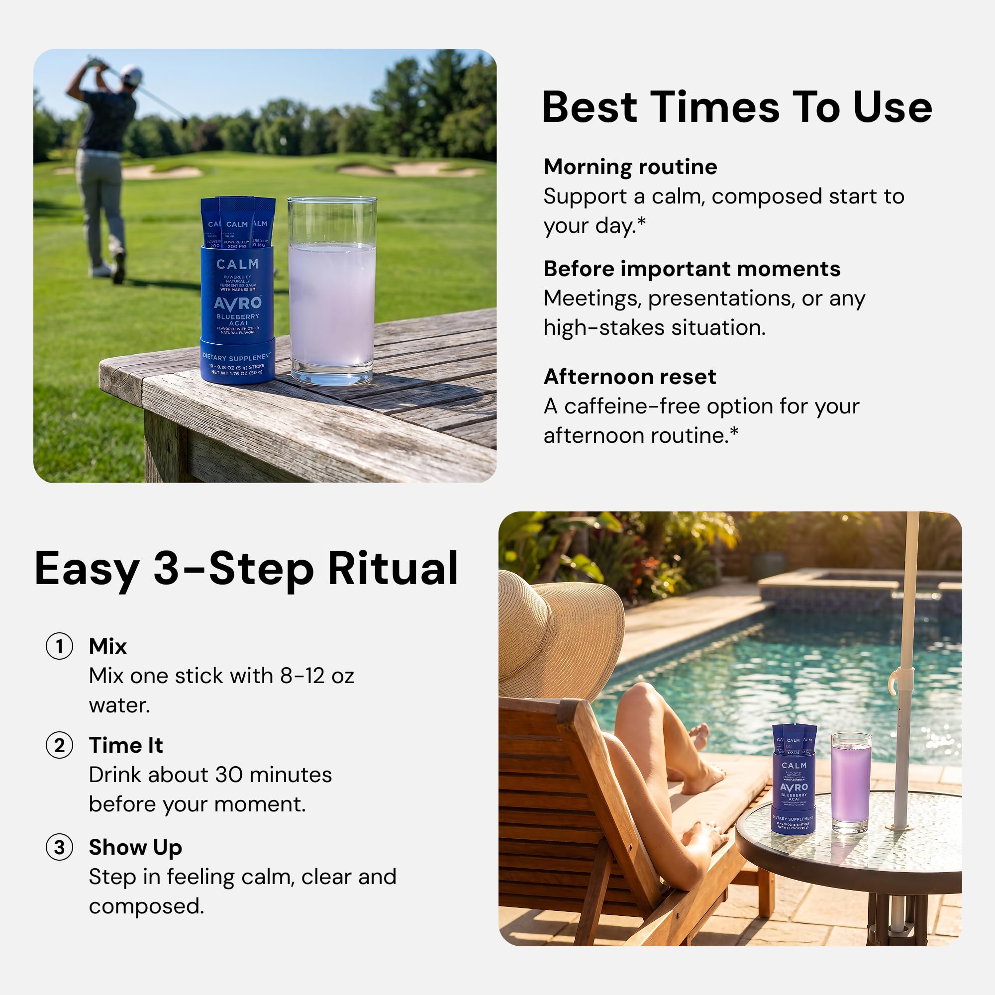 AVRO Calm Blueberry Acai Drink Mix on a kitchen counter