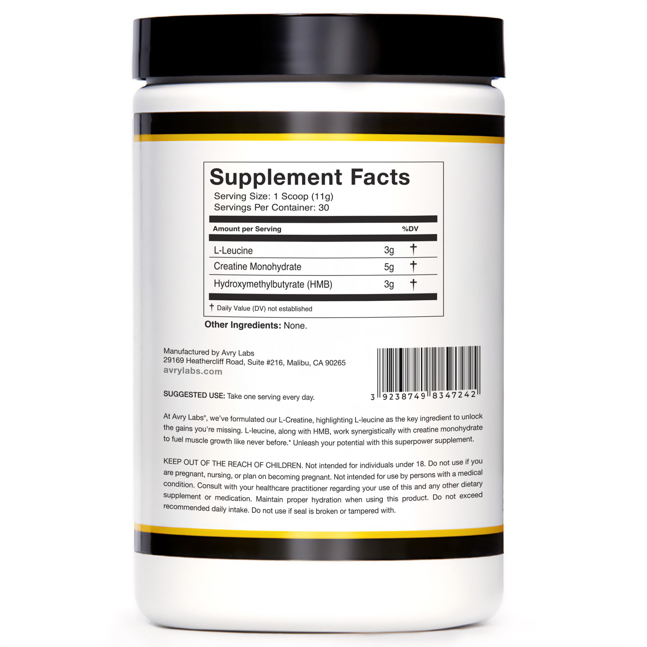 Avry Labs L-Creatine 399g opened with powder visible