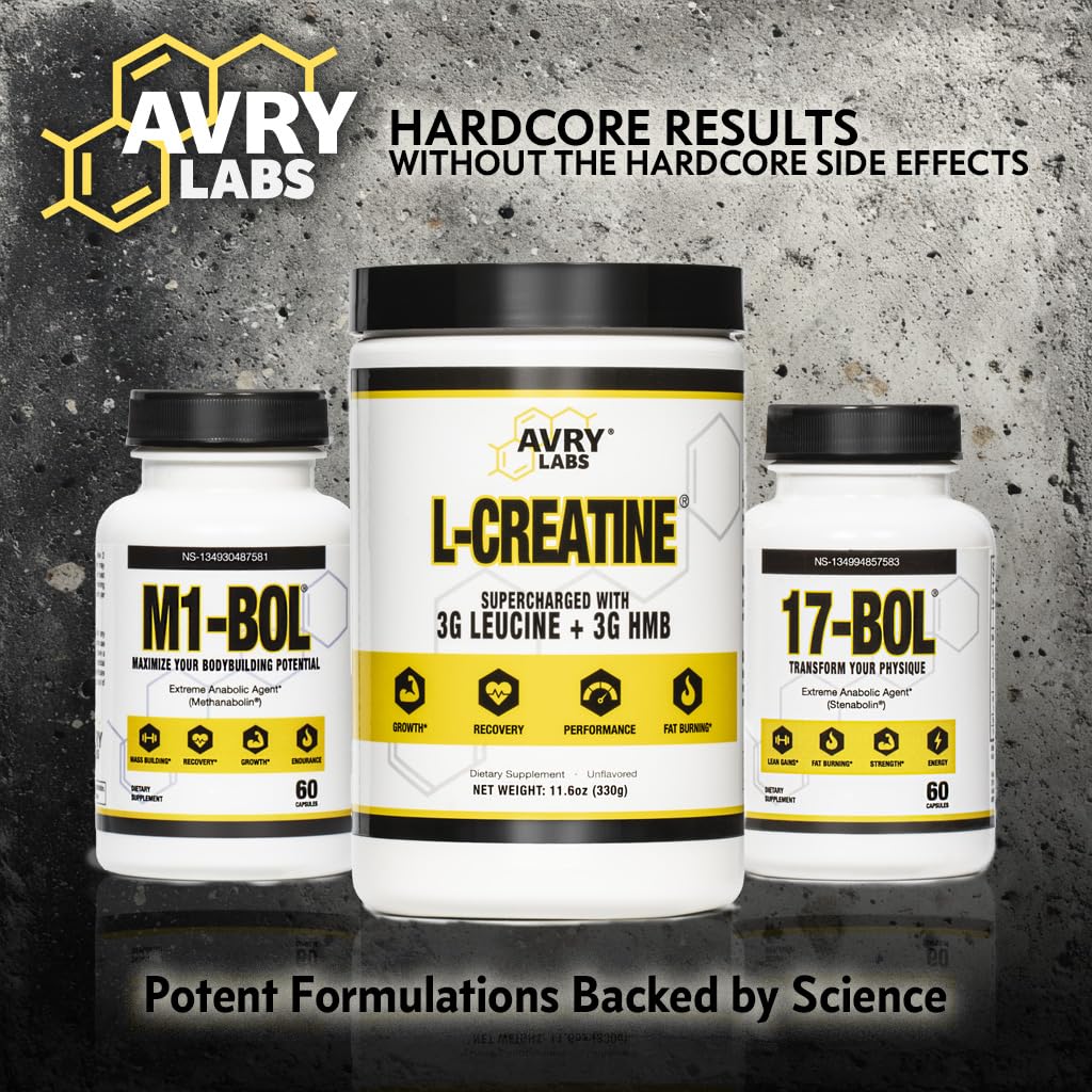 Avry Labs L-Creatine 399g packaging on a gym bench