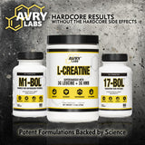 Avry Labs L-Creatine 399g packaging on a gym bench