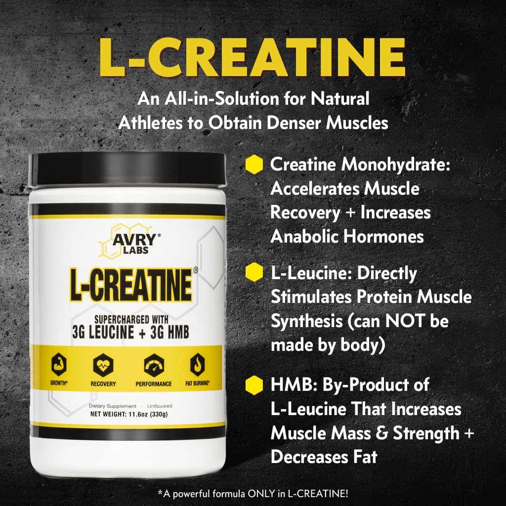 Avry Labs L-Creatine 399g side view showing nutritional information