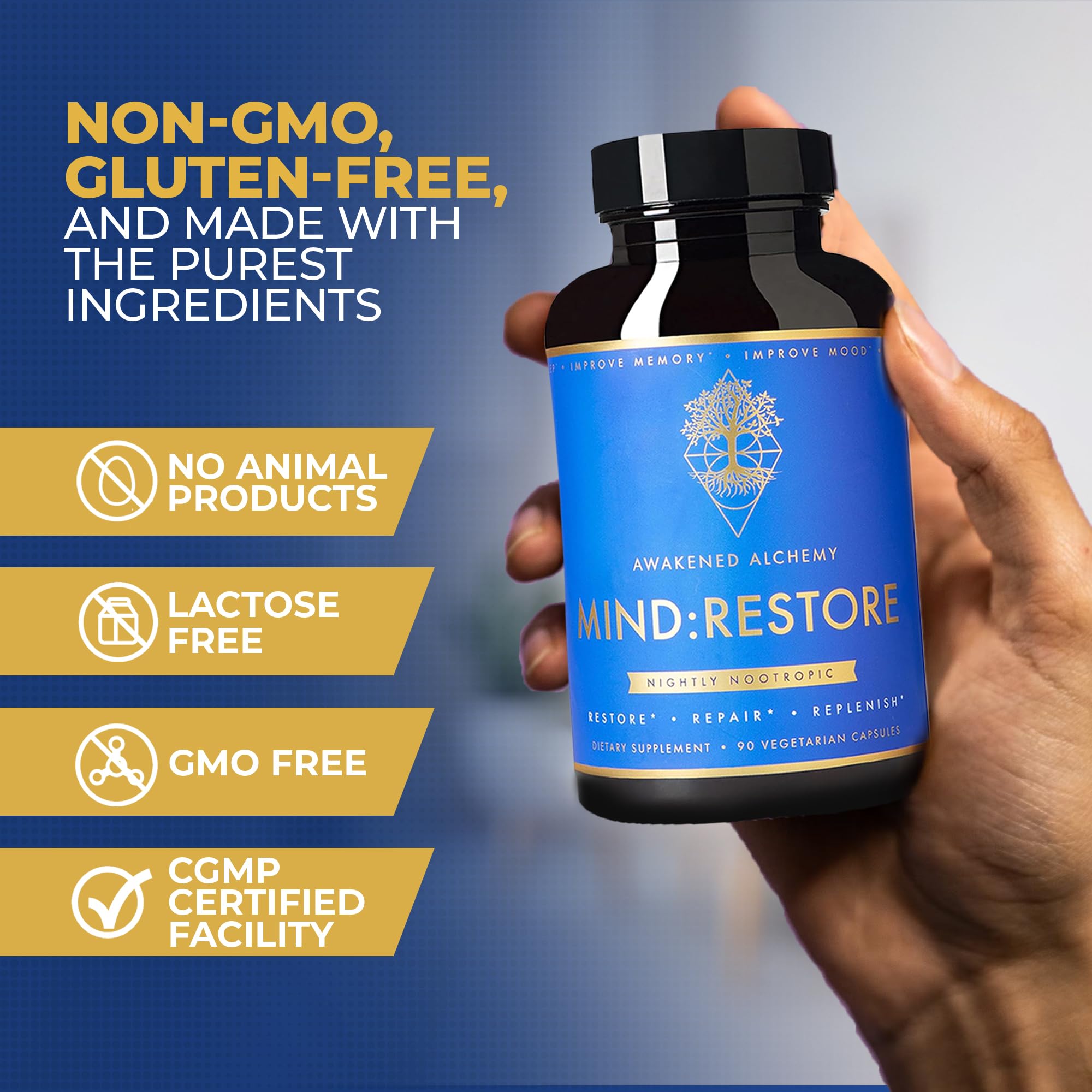 Awakened Alchemy MIND:RESTORE supplement bottle side view