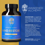 Awakened Alchemy MIND:RESTORE supplement on a wooden table