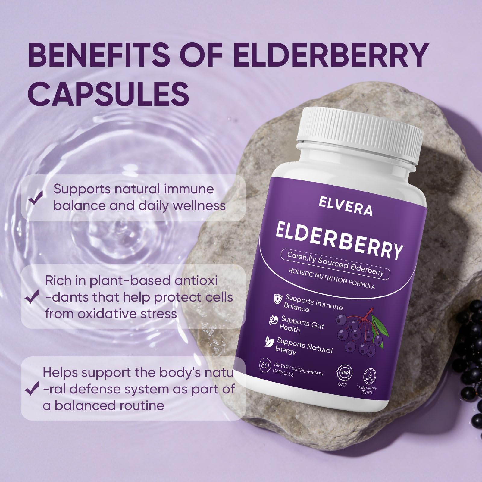 Awjsde Elvera Elderberry Capsules on a wooden table
