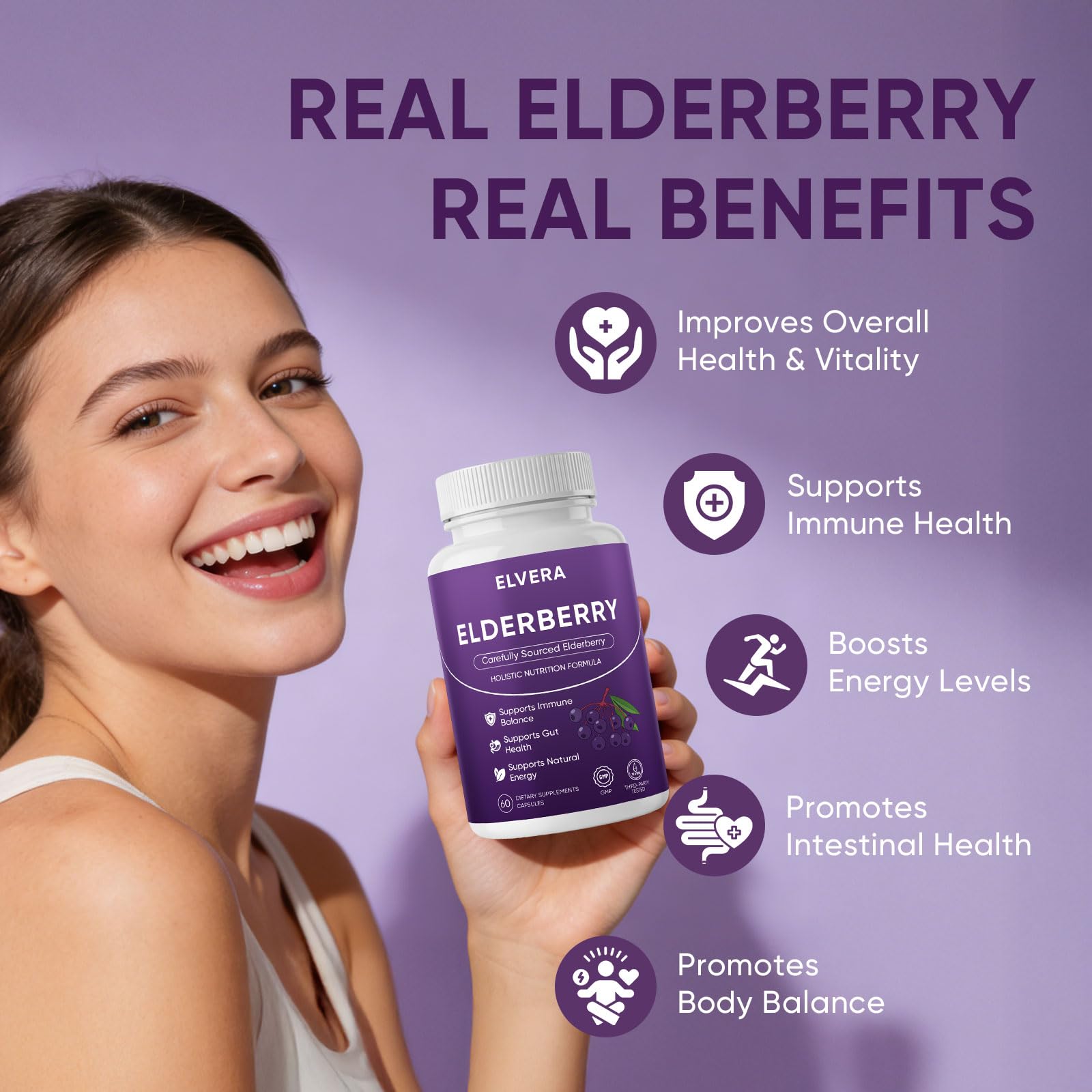 Awjsde Elvera Elderberry Capsules open bottle showing capsules