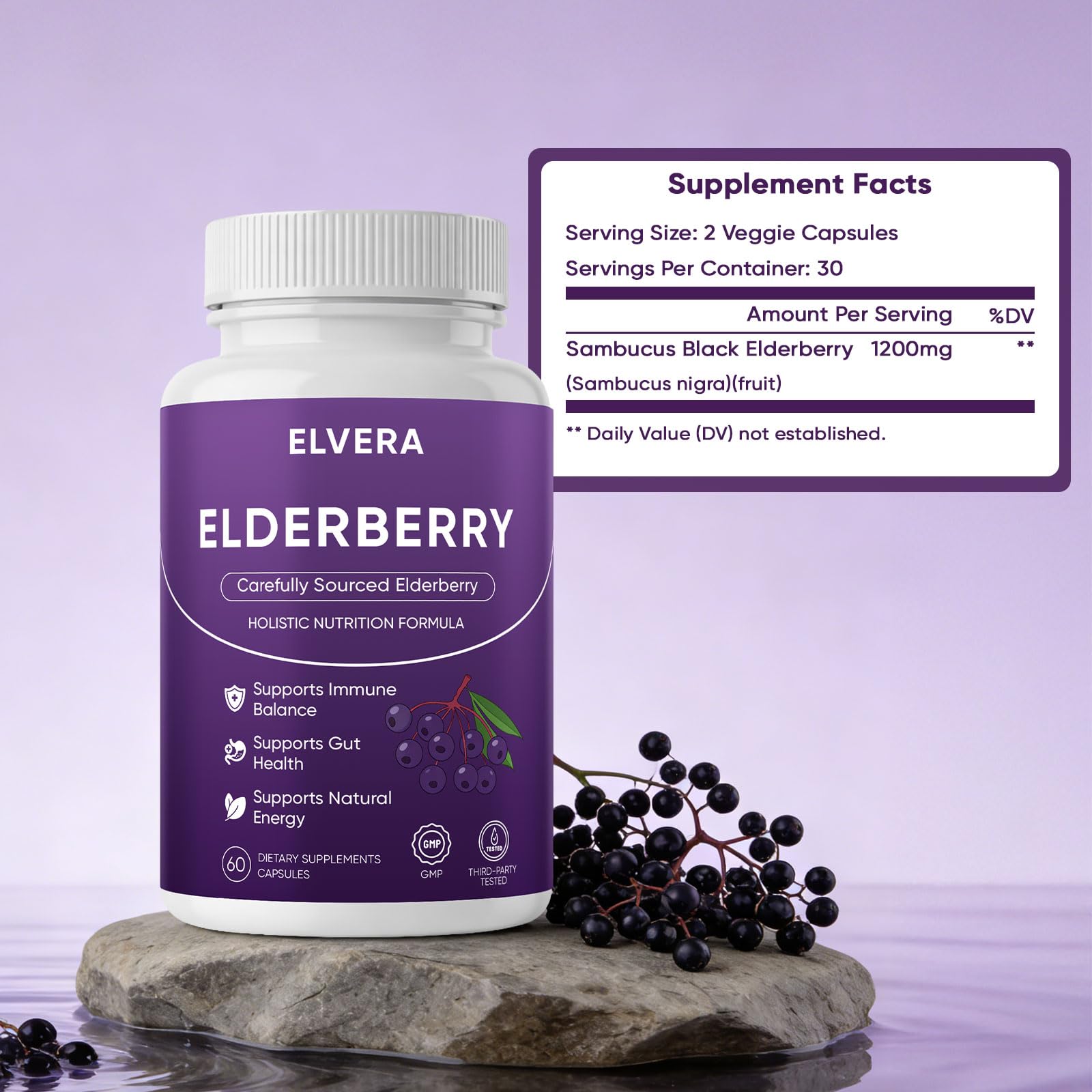 Awjsde Elvera Elderberry Capsules side view with label