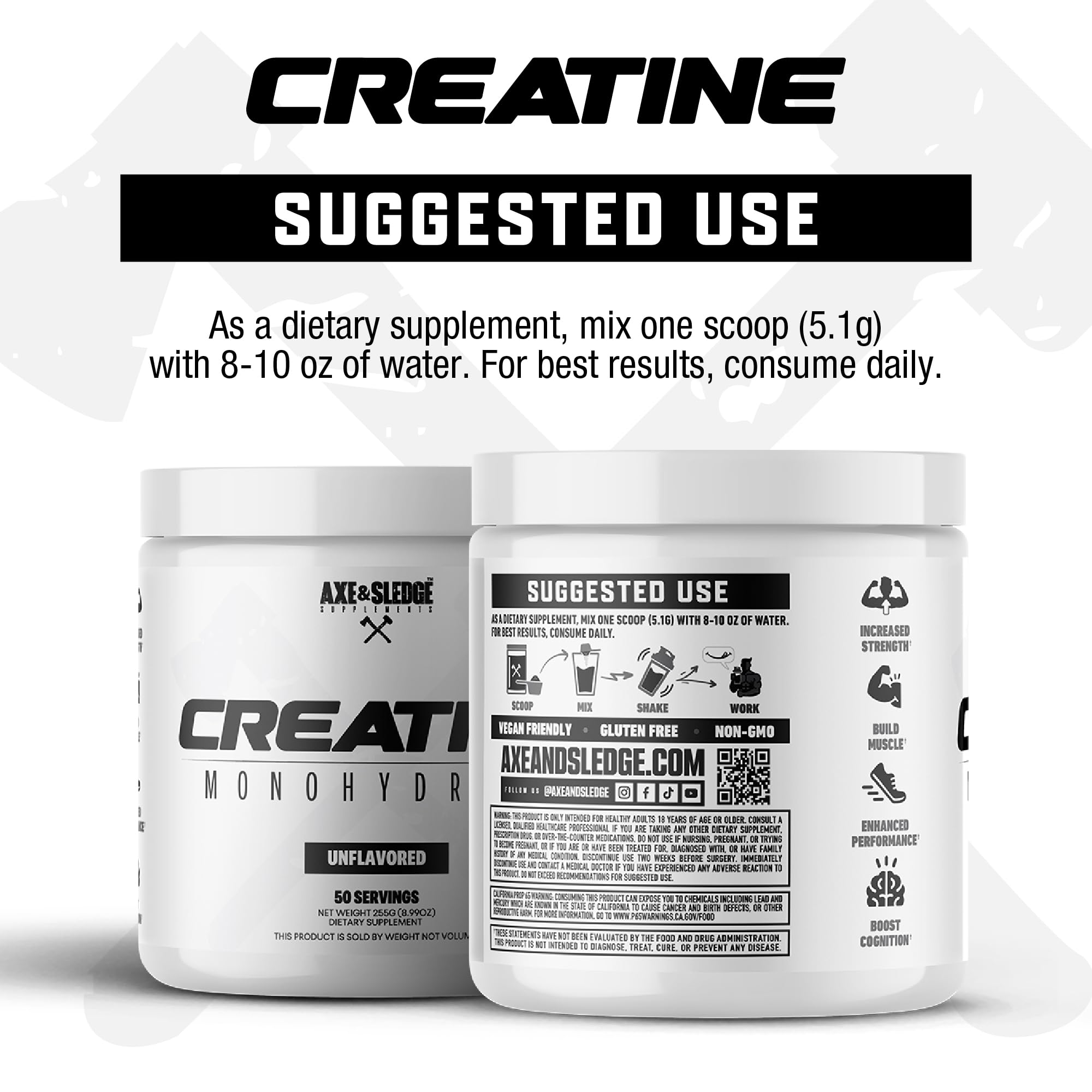 Axe & Sledge Basics Creatine 322g unflavoured powder serving scoop