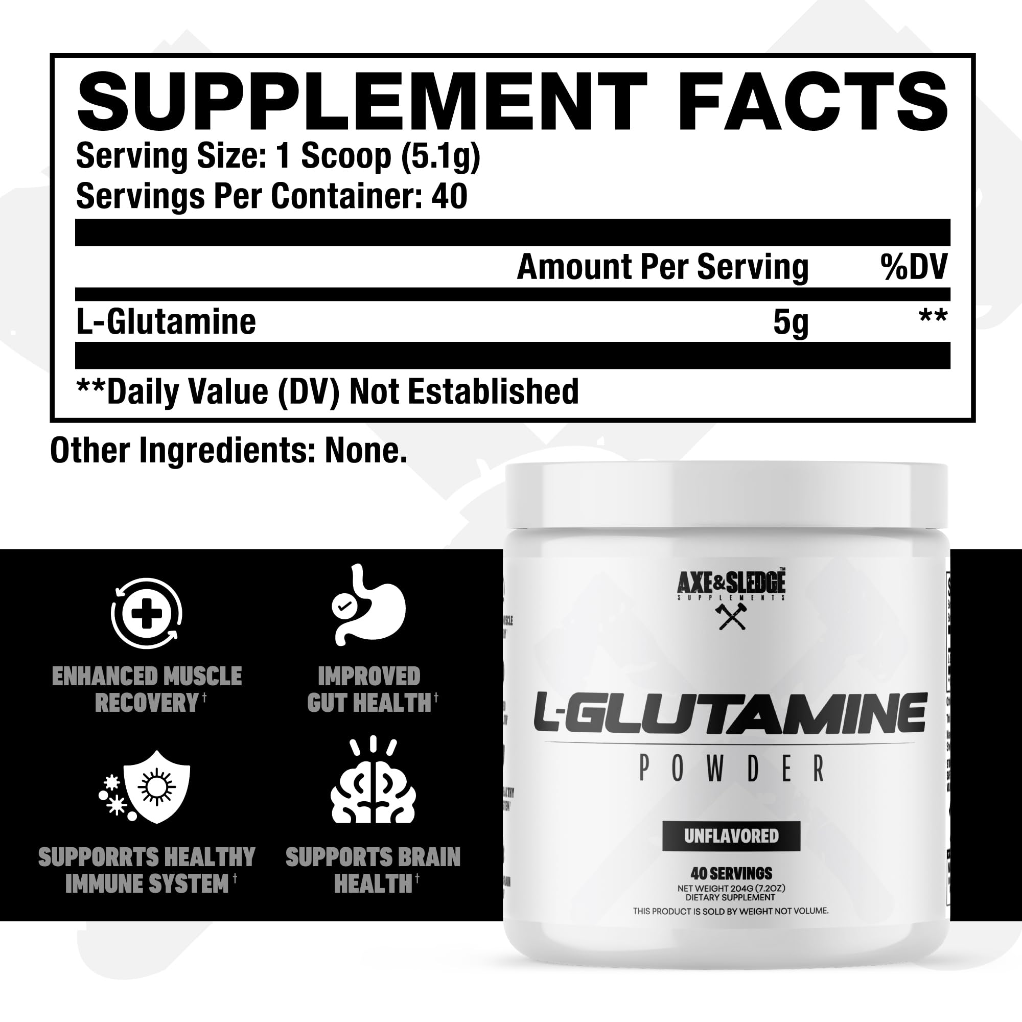 Axe & Sledge Basics Glutamine 170g back view with nutritional information