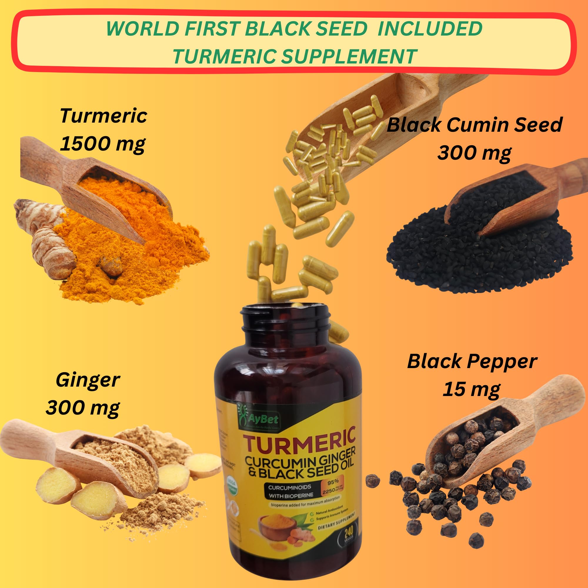 AyBet Turmeric Curcumin Ginger & Black Seed Oil Capsules side view
