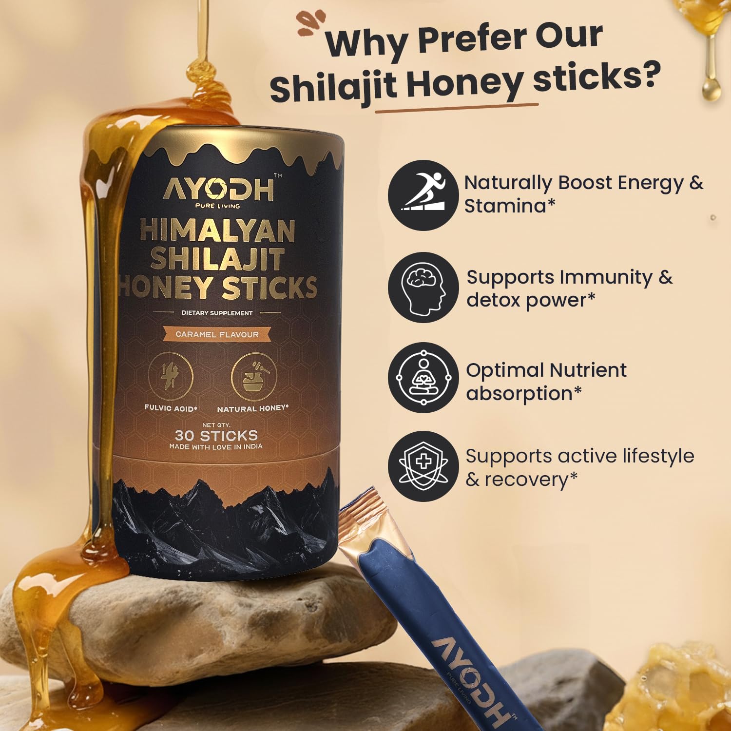 AYODH Shilajit Honey Sticks packaging side view
