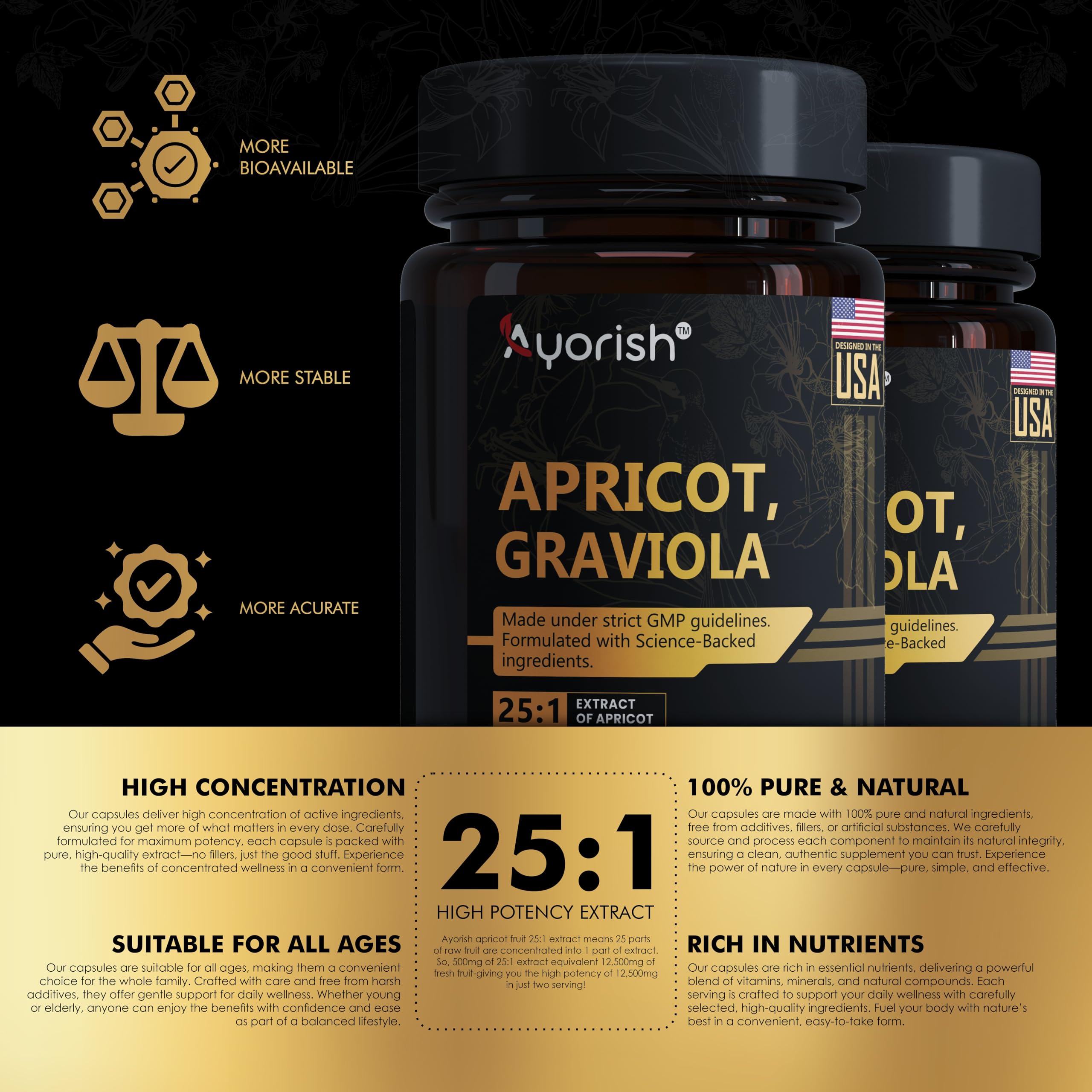 Ayorish Apricot Graviola Capsules open bottle with capsules visible