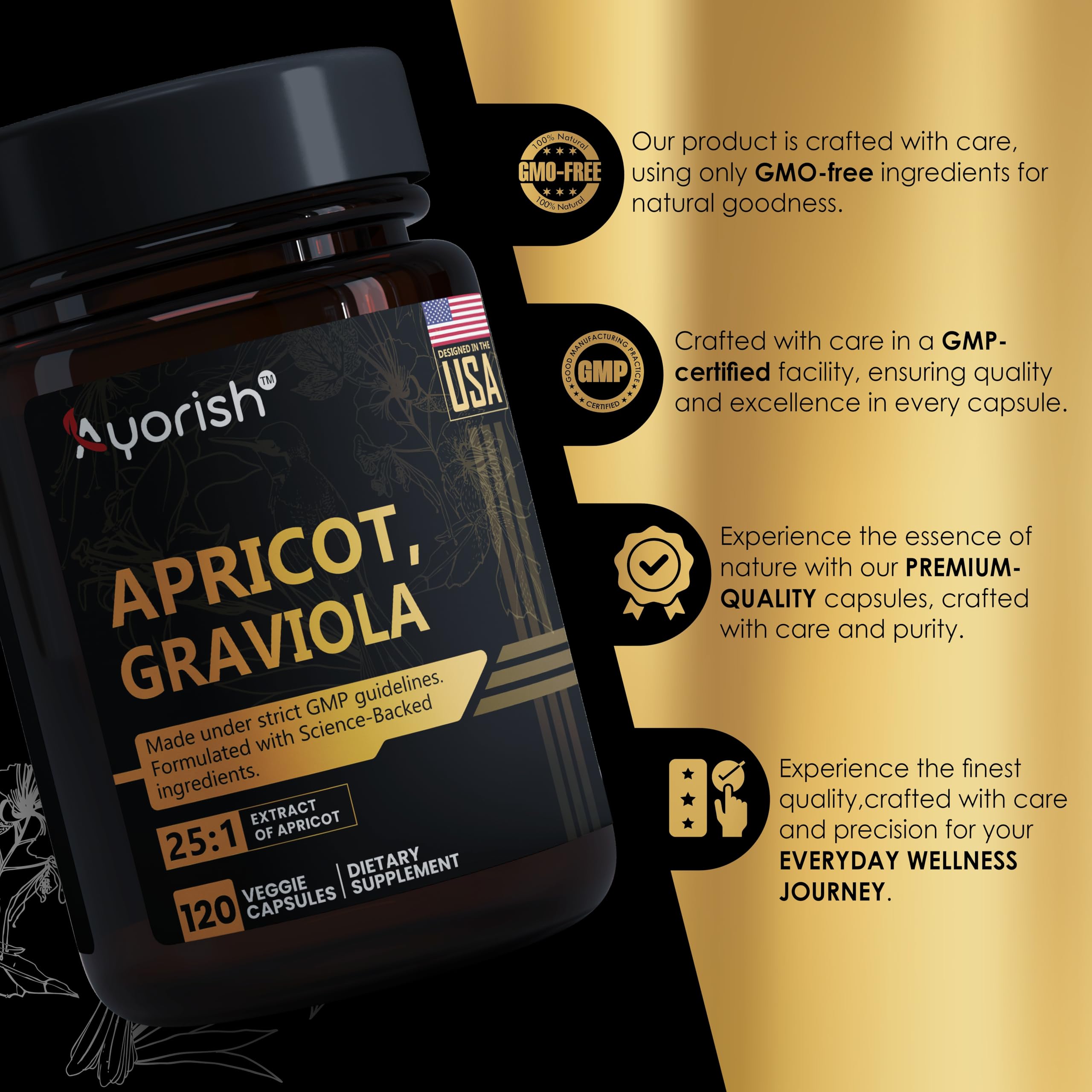 Ayorish Apricot Graviola Capsules with fresh apricots and soursop