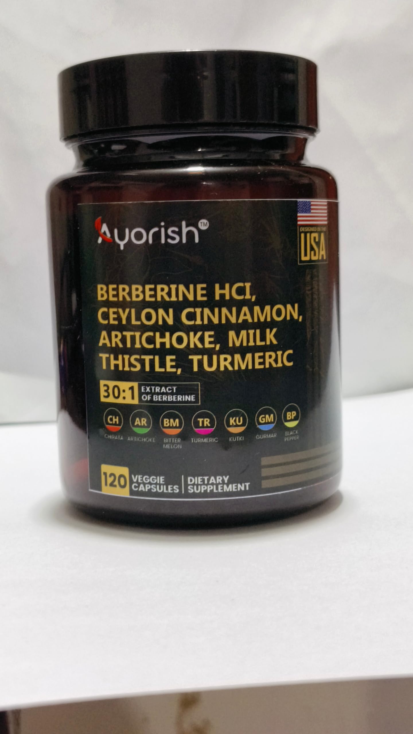 Ayorish Berberine Supplement bottle with measuring spoon