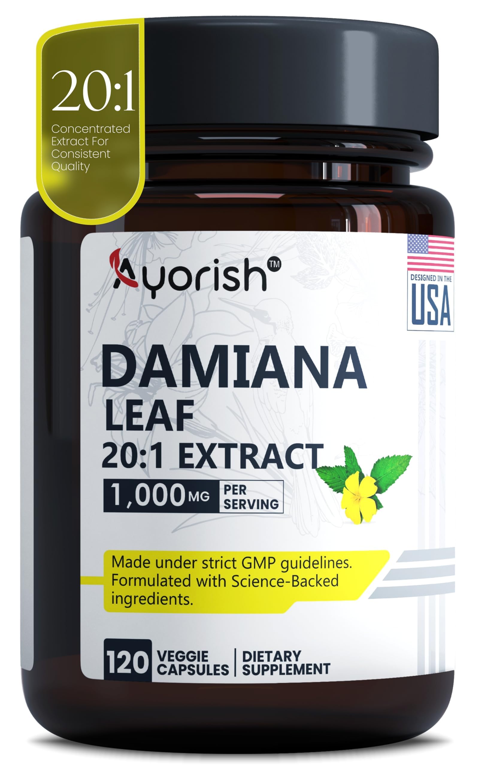 Ayorish Damiana Capsules 120 count bottle front view