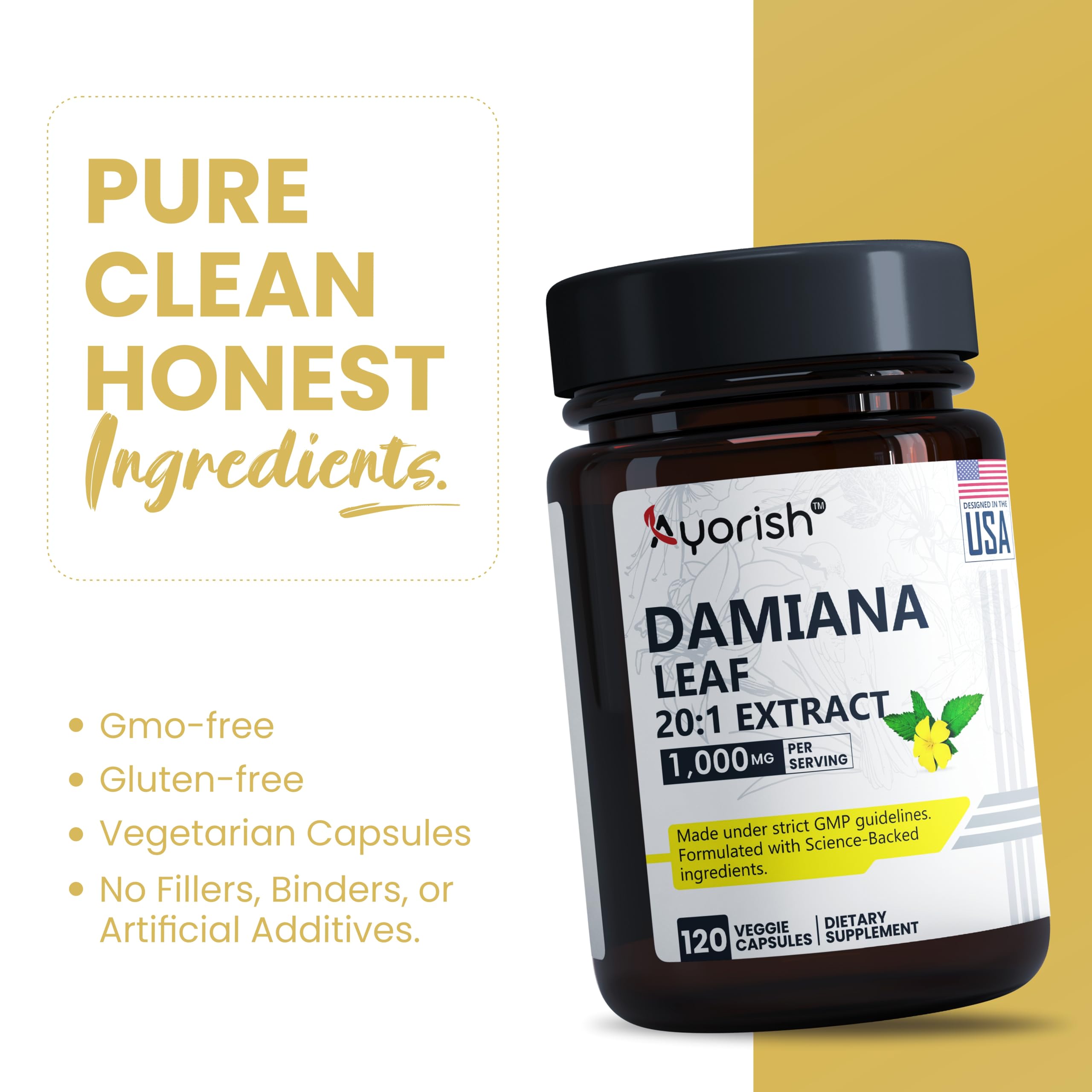 Ayorish Damiana Capsules bottle with a clean background