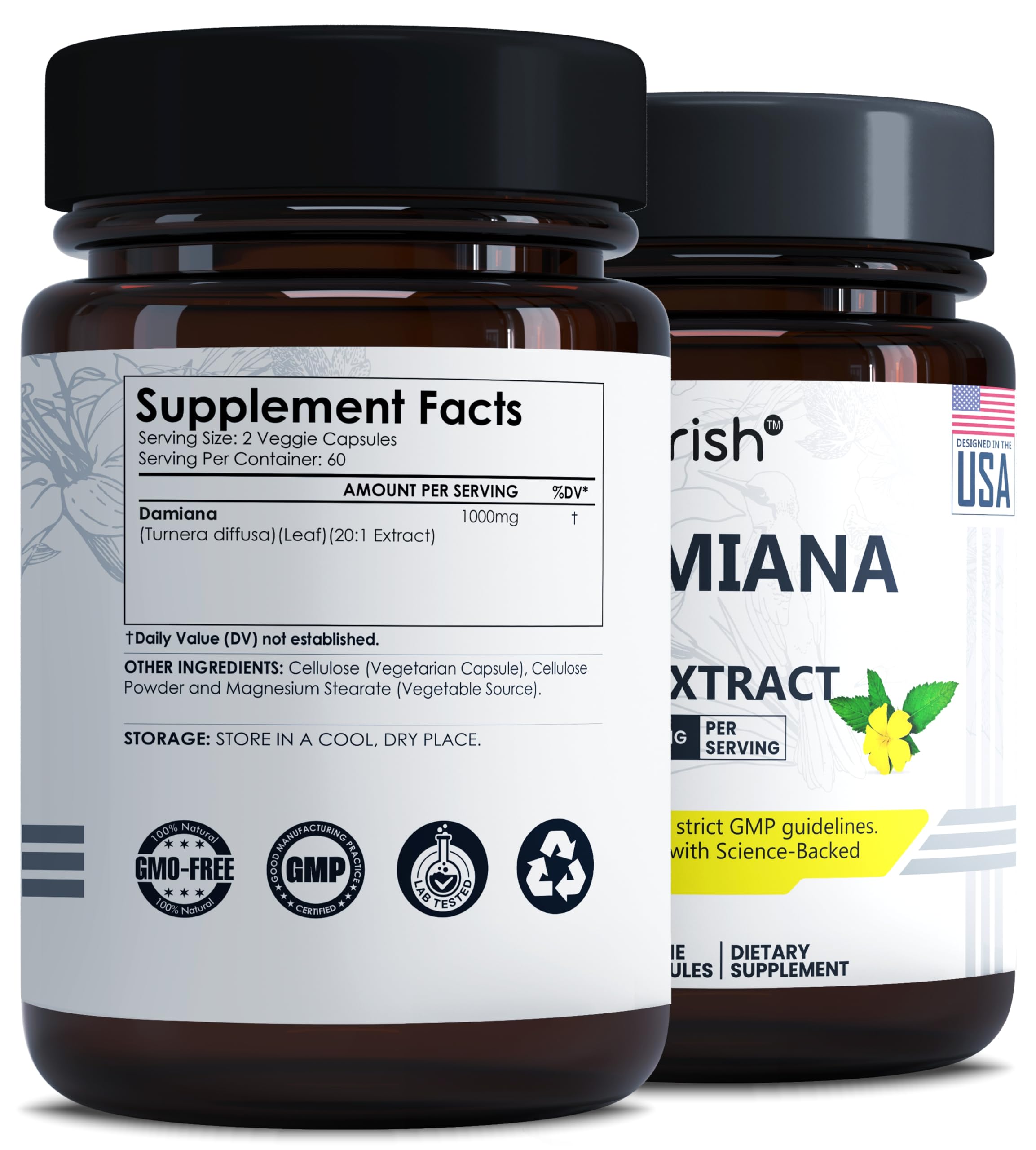 Ayorish Damiana Capsules ingredients list on the bottle