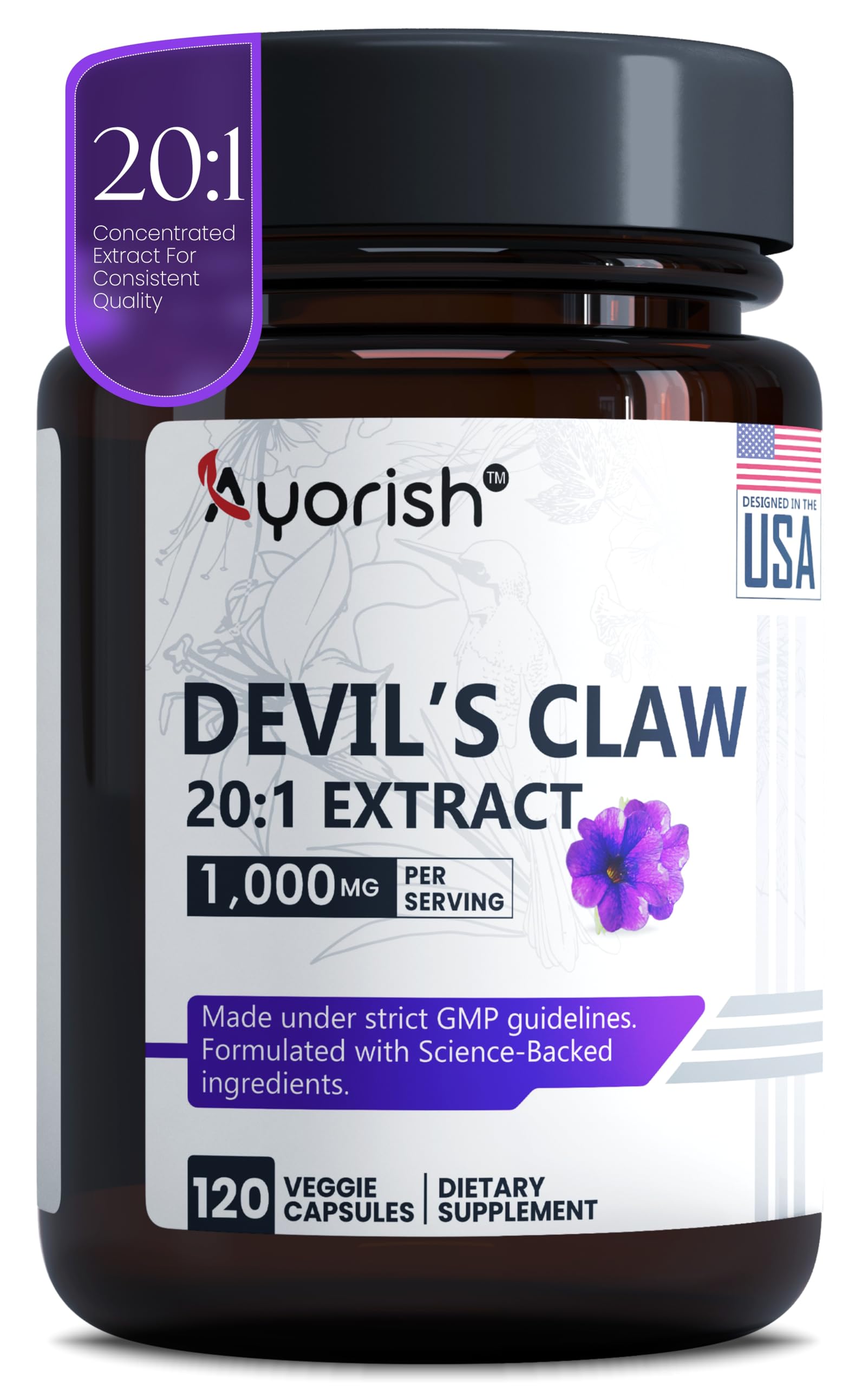Ayorish Devils Claw Capsules 120 count bottle front view
