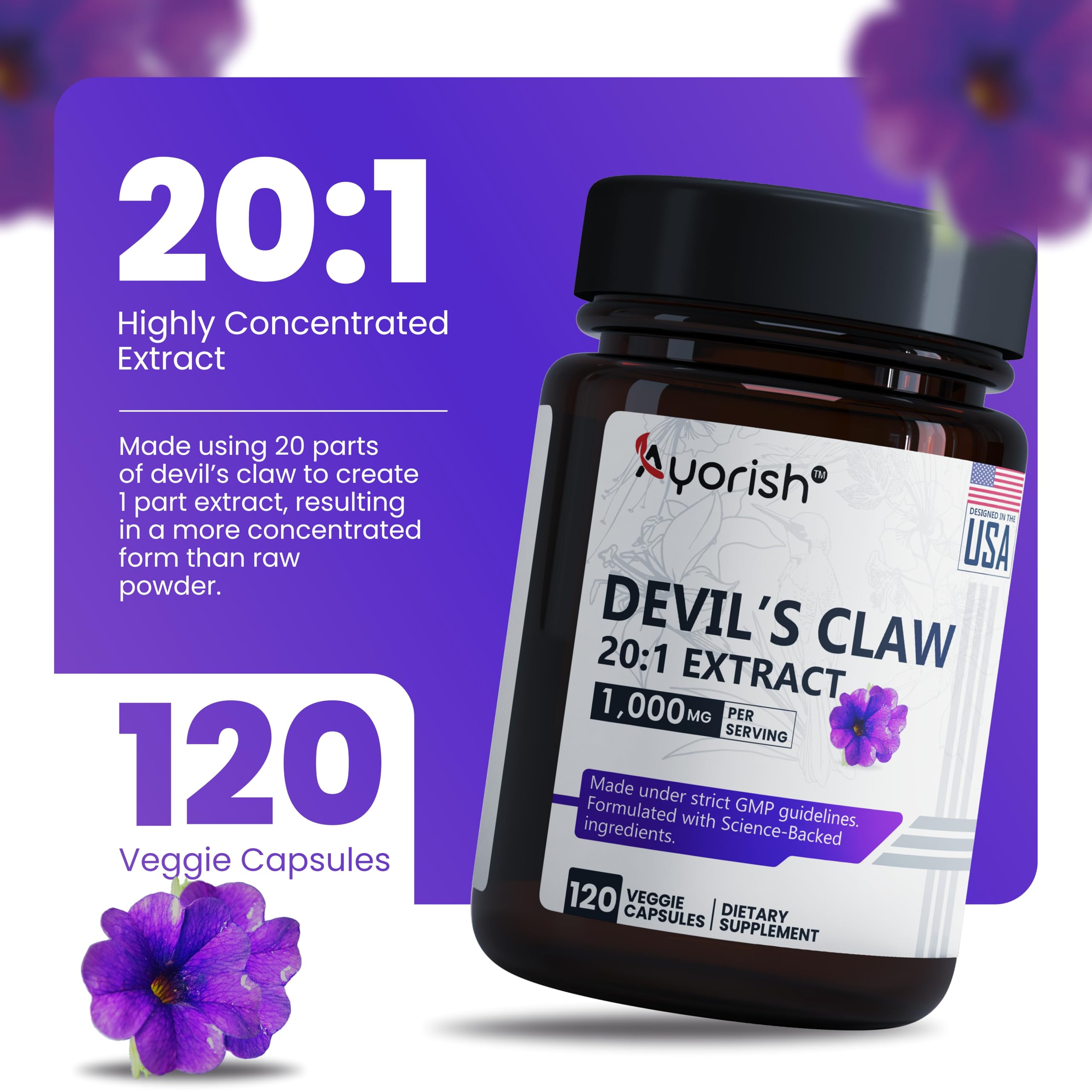 Ayorish Devils Claw Capsules with a close-up of the capsules