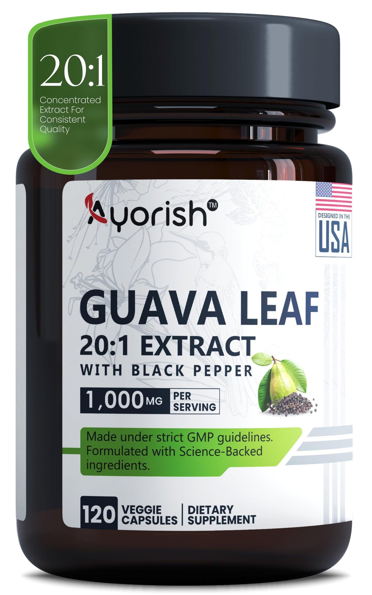Ayorish Guava Leaf Extract Capsules 120 count bottle front view