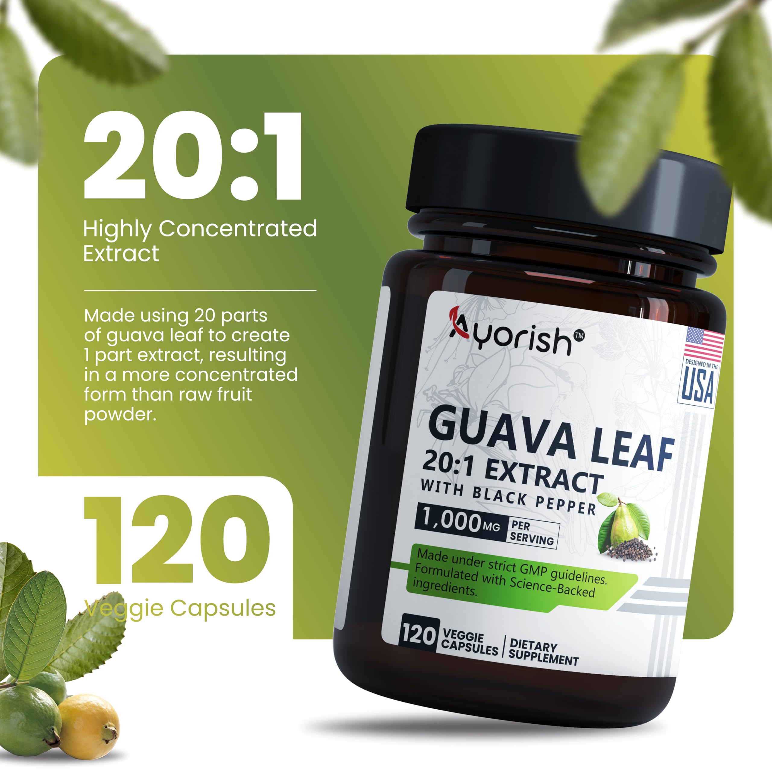 Ayorish Guava Leaf Extract Capsules with black pepper extract detail