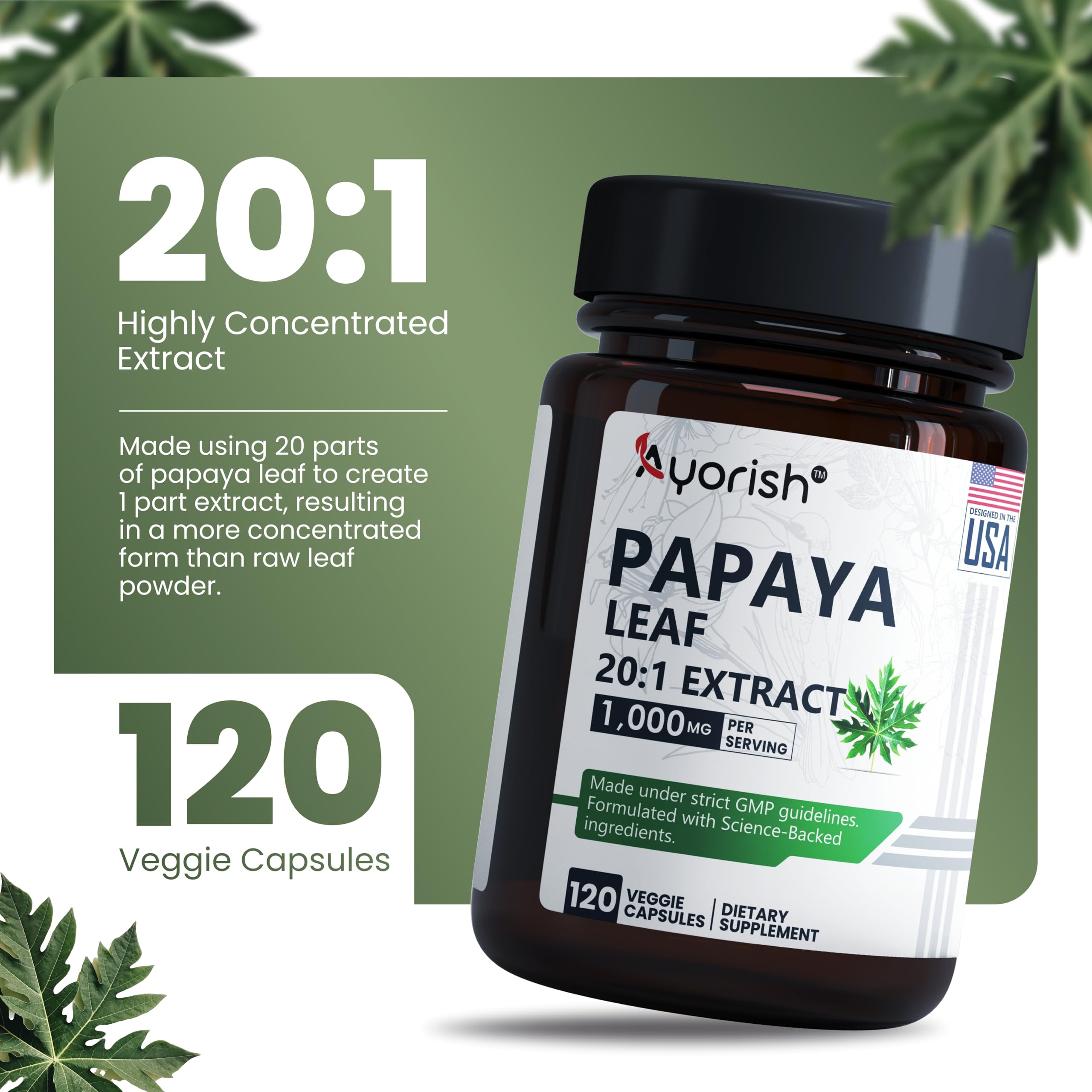 Ayorish Papaya Leaf Extract 1000mg supplement capsule close-up