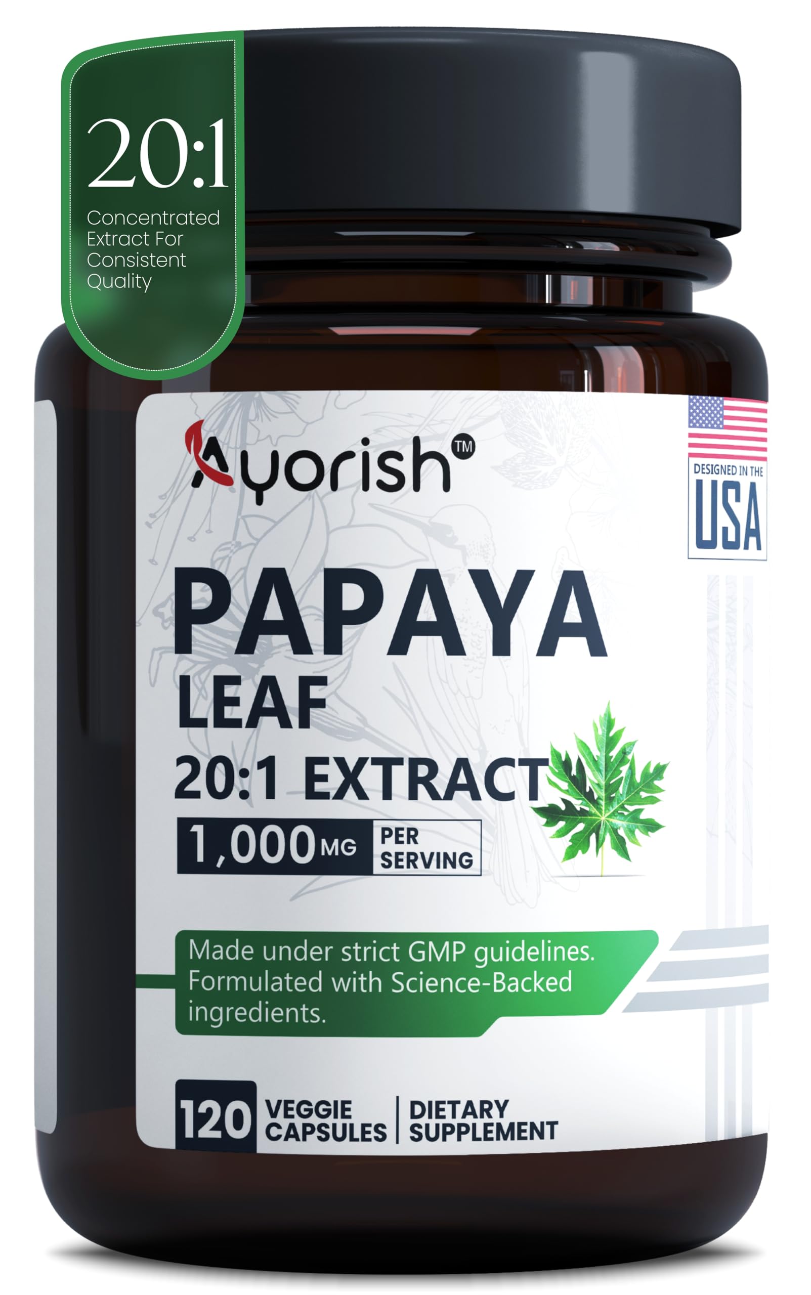 Ayorish Papaya Leaf Extract 1000mg supplement front view