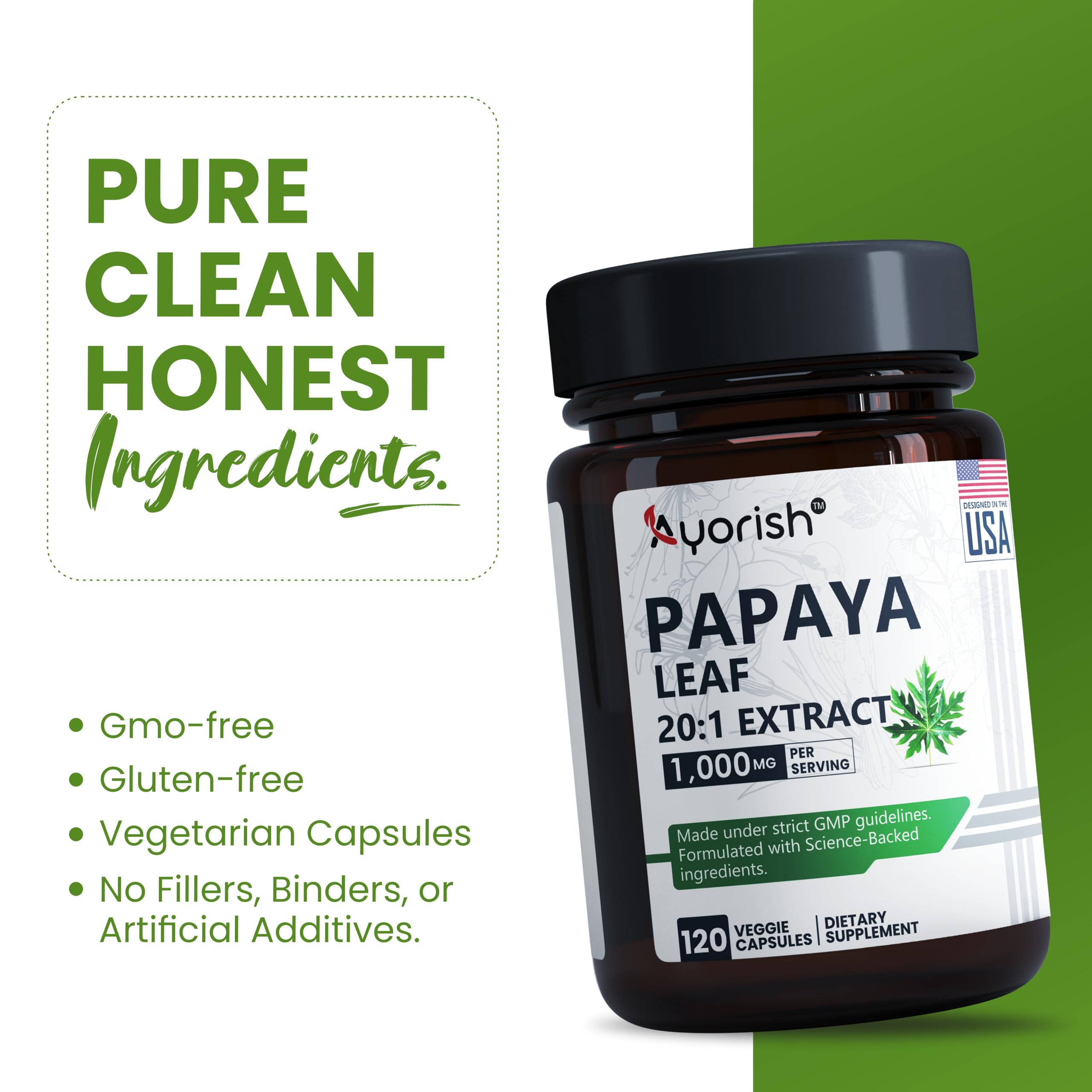 Ayorish Papaya Leaf Extract 1000mg supplement on a wooden table