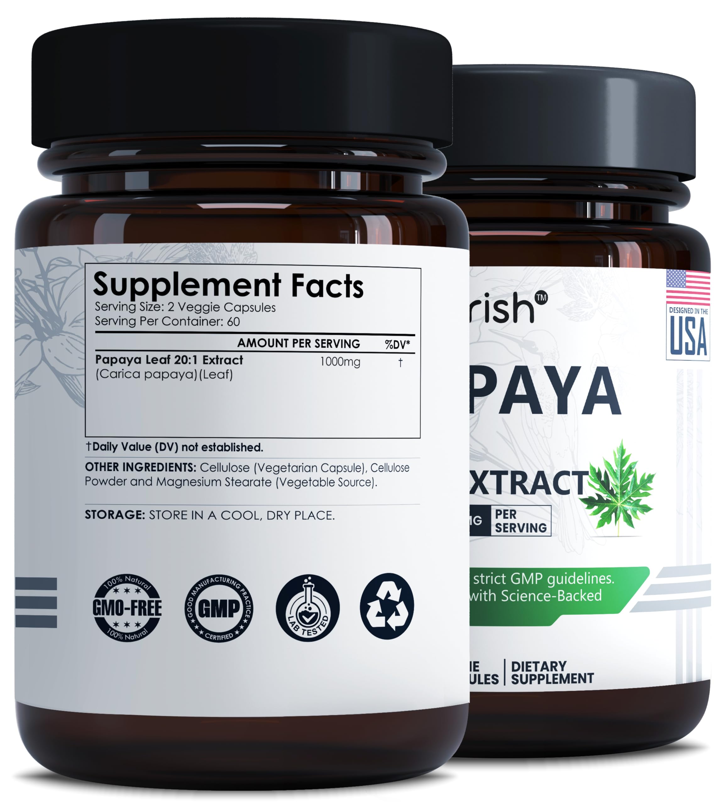 Ayorish Papaya Leaf Extract 1000mg supplement side view