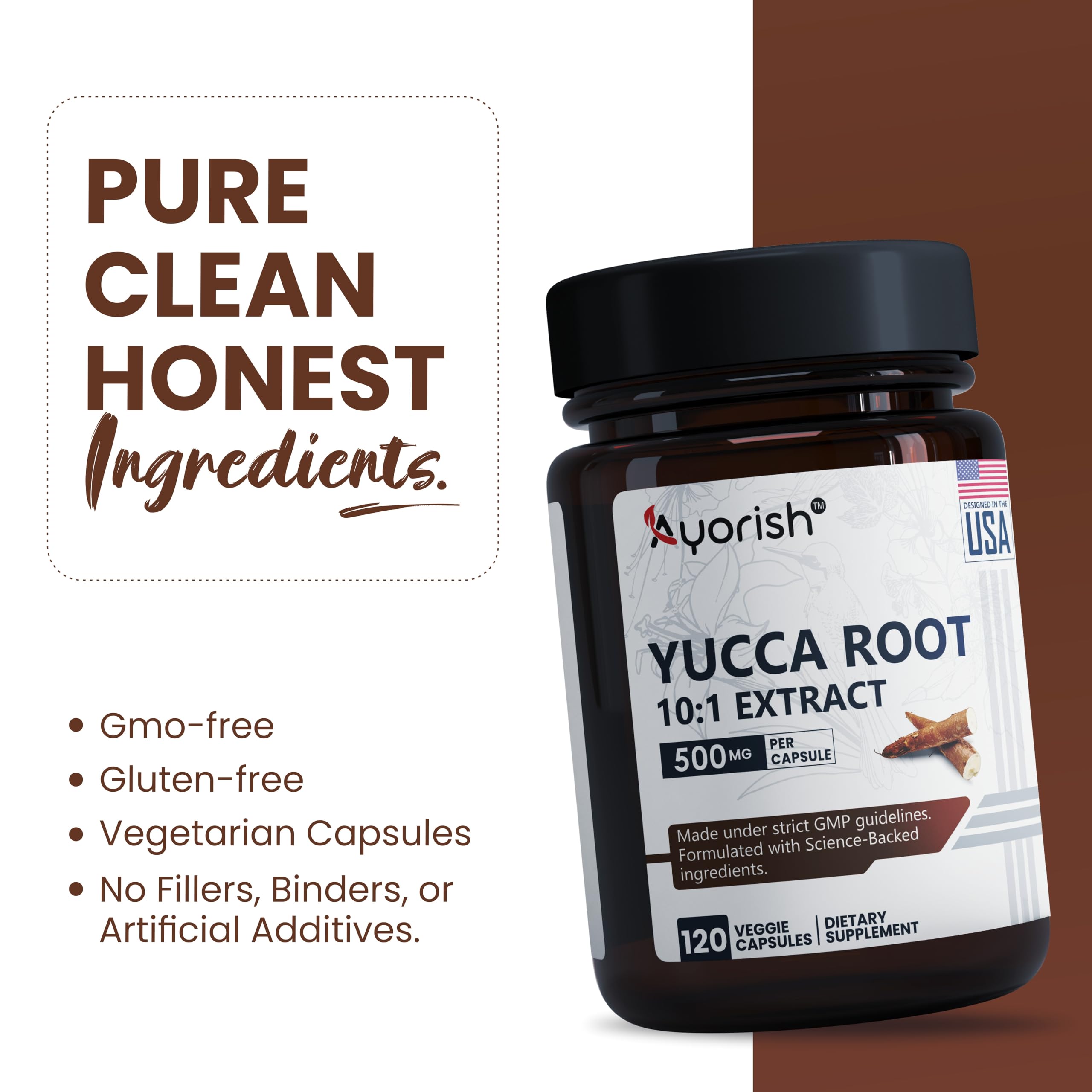 Ayorish Yucca Root Capsules 500mg bottle with a measuring spoon