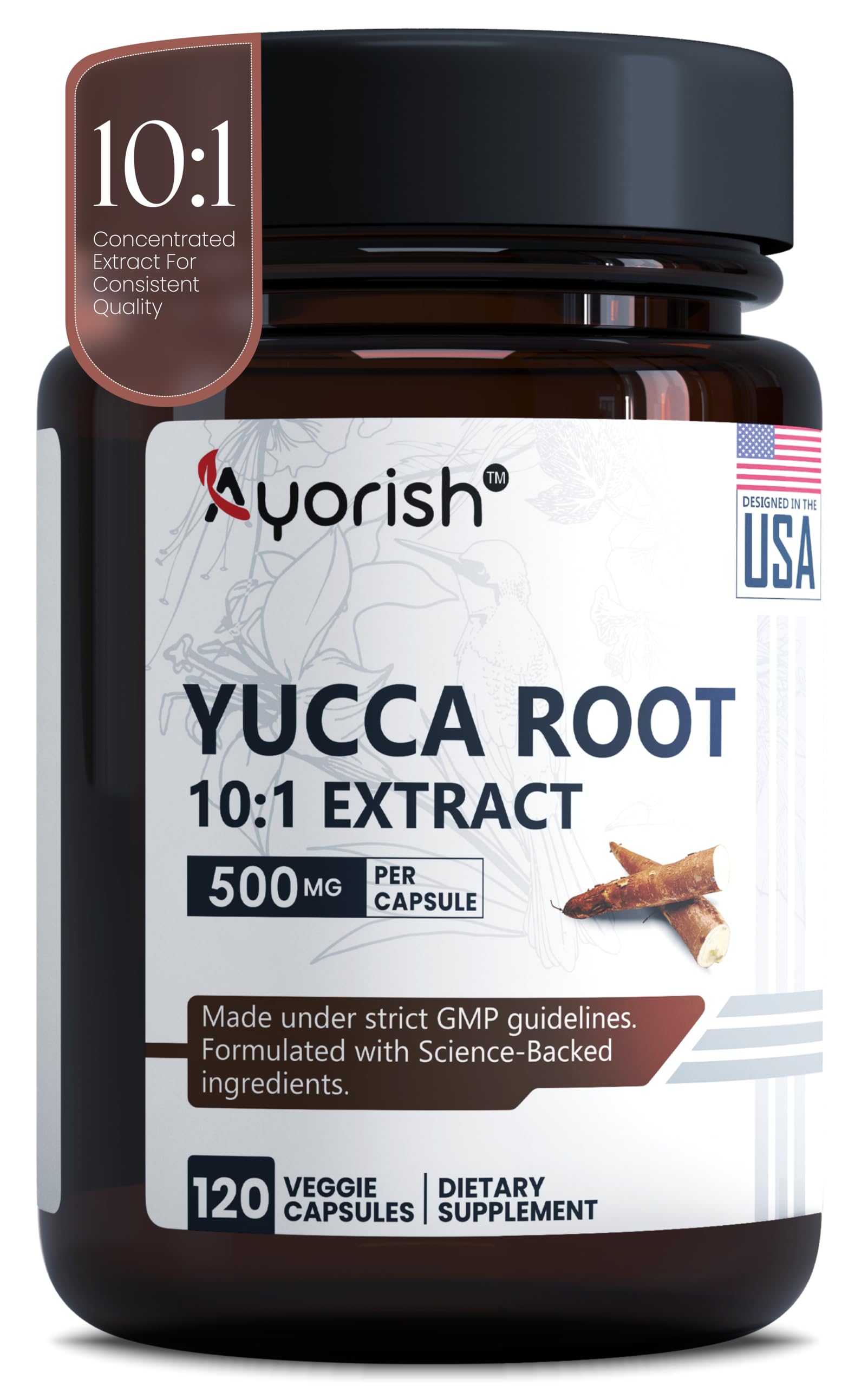 Ayorish Yucca Root Capsules 500mg front view with label
