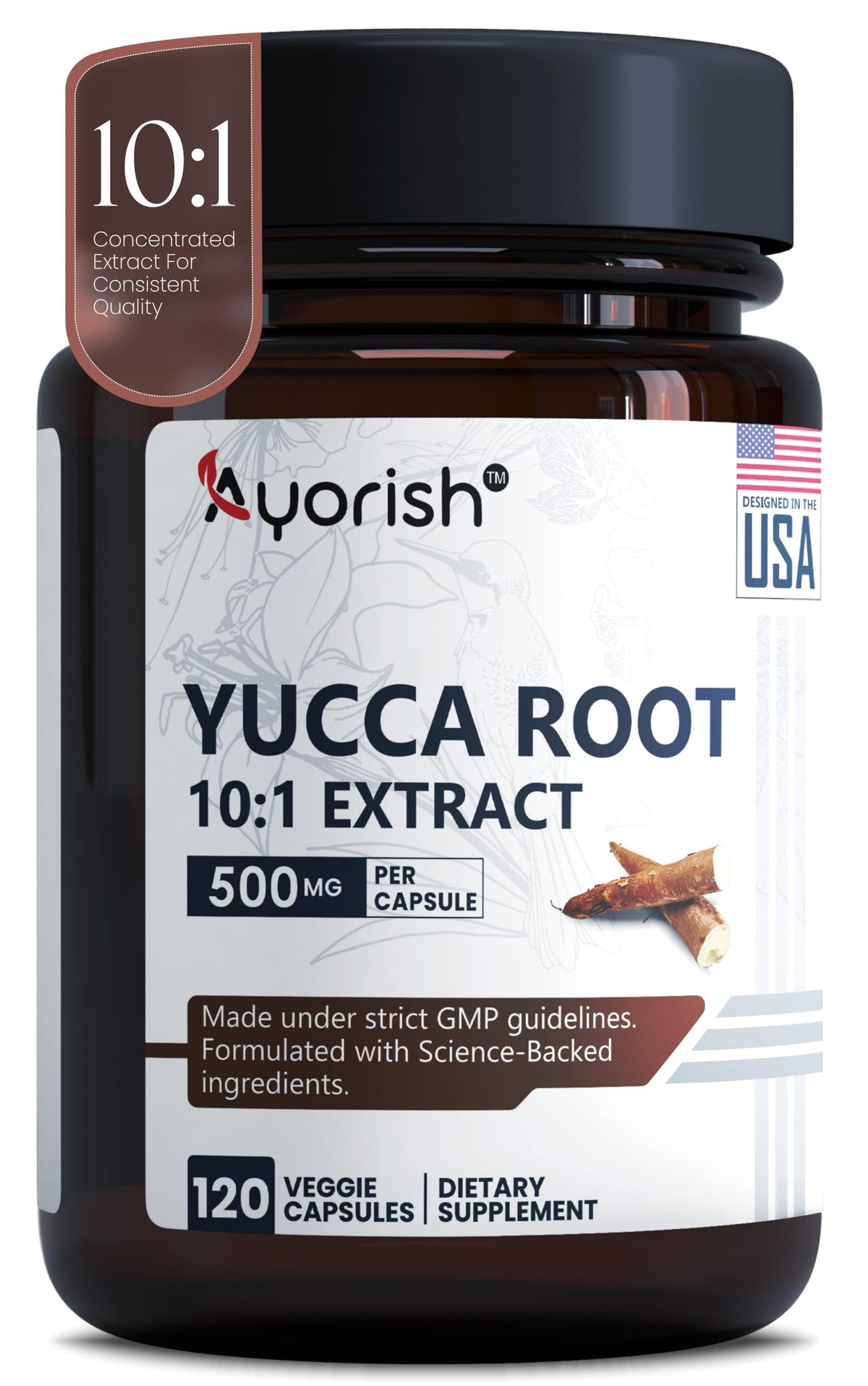 Ayorish Yucca Root Capsules 500mg front view with label