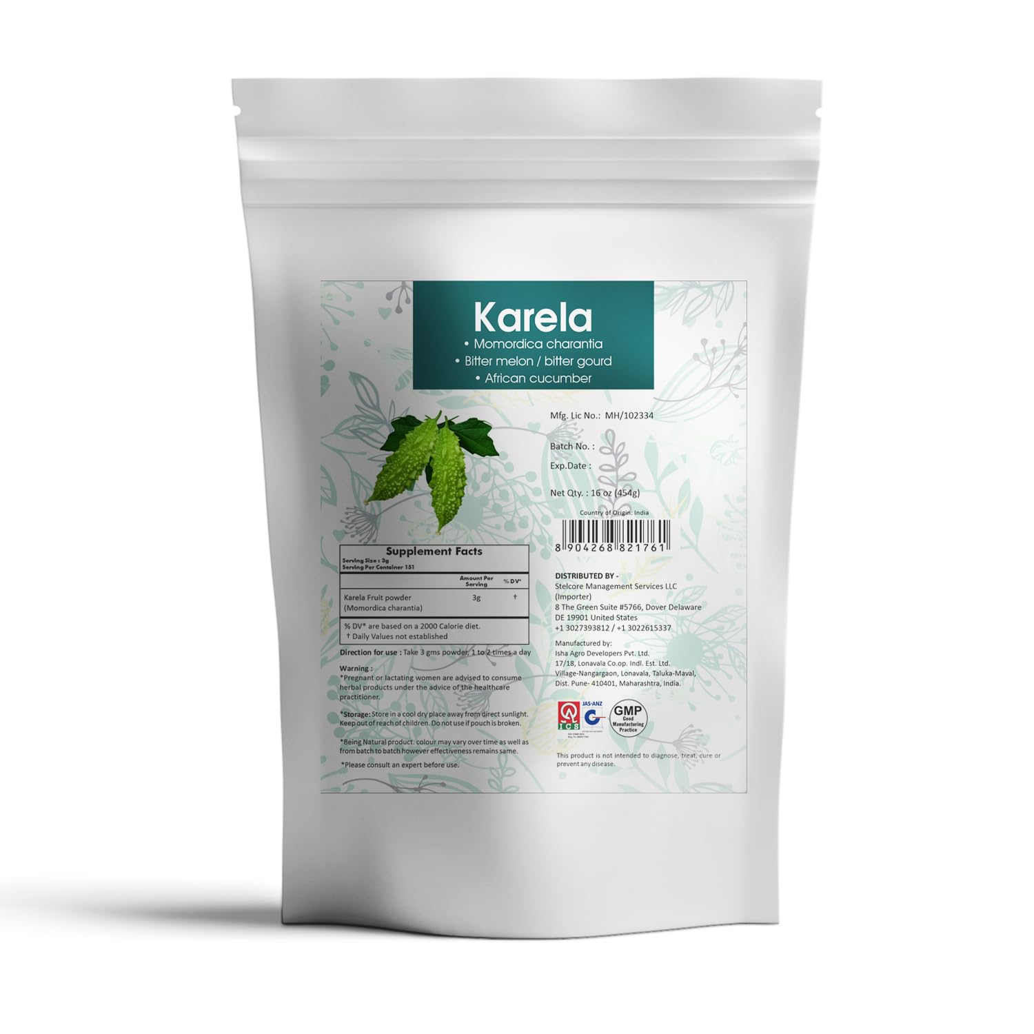 AYURFOREST Karela Powder 454g back view showing ingredient list