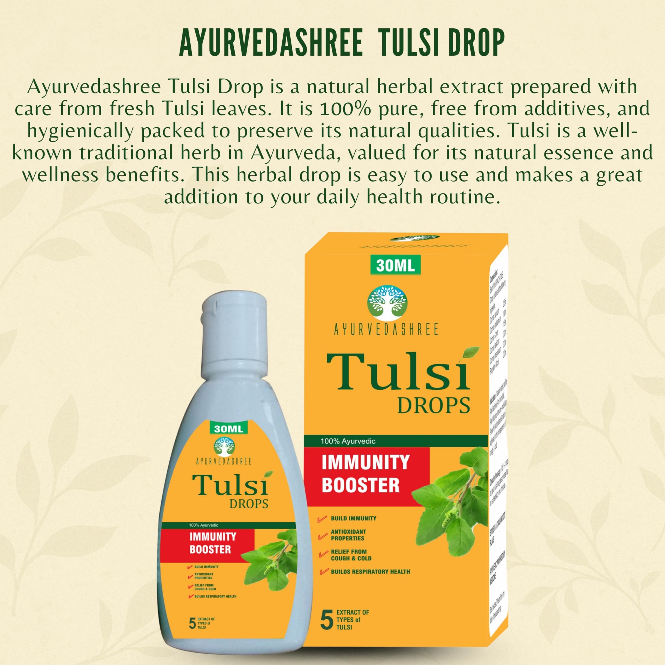 AYURVEDASHREE Tulsi Drops with a dropper in a glass of water
