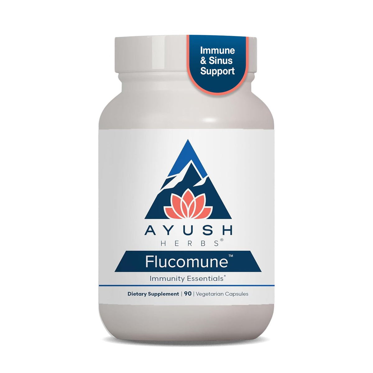 Ayush Herbs Flucomune supplement bottle front view with 90 capsules