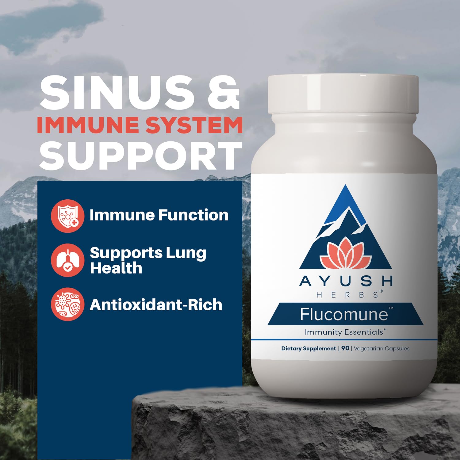 Ayush Herbs Flucomune supplement bottle side view showing ingredients
